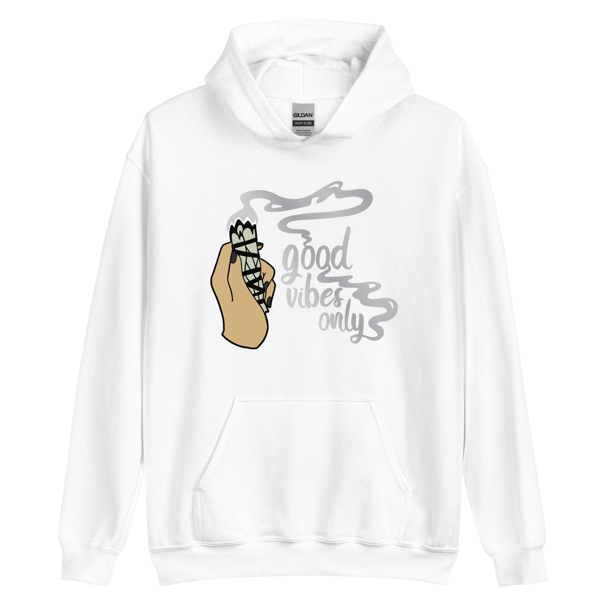 A white hooded sweatshirt with graphic of a hand holding sage smudge stick and text reading "Good Vibes only"