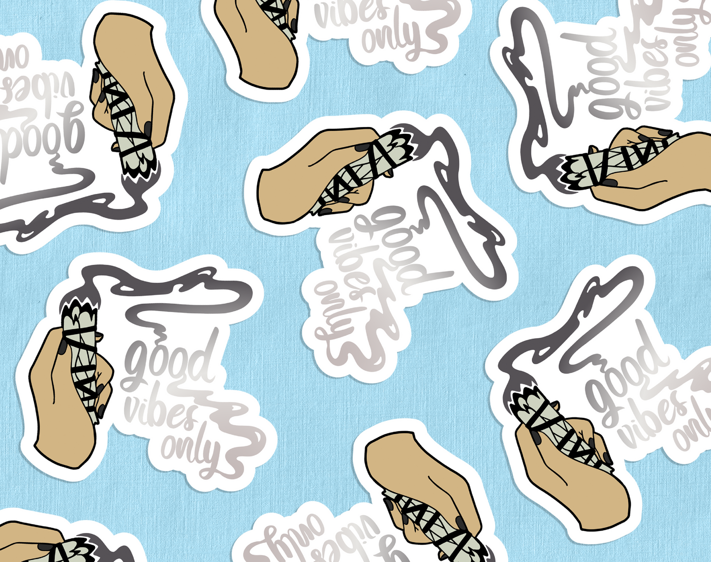 A collection of diecut stickers featuring a picture of a hand holding a sage stick and text reading "Good Vibes Only" against a blue paper background
