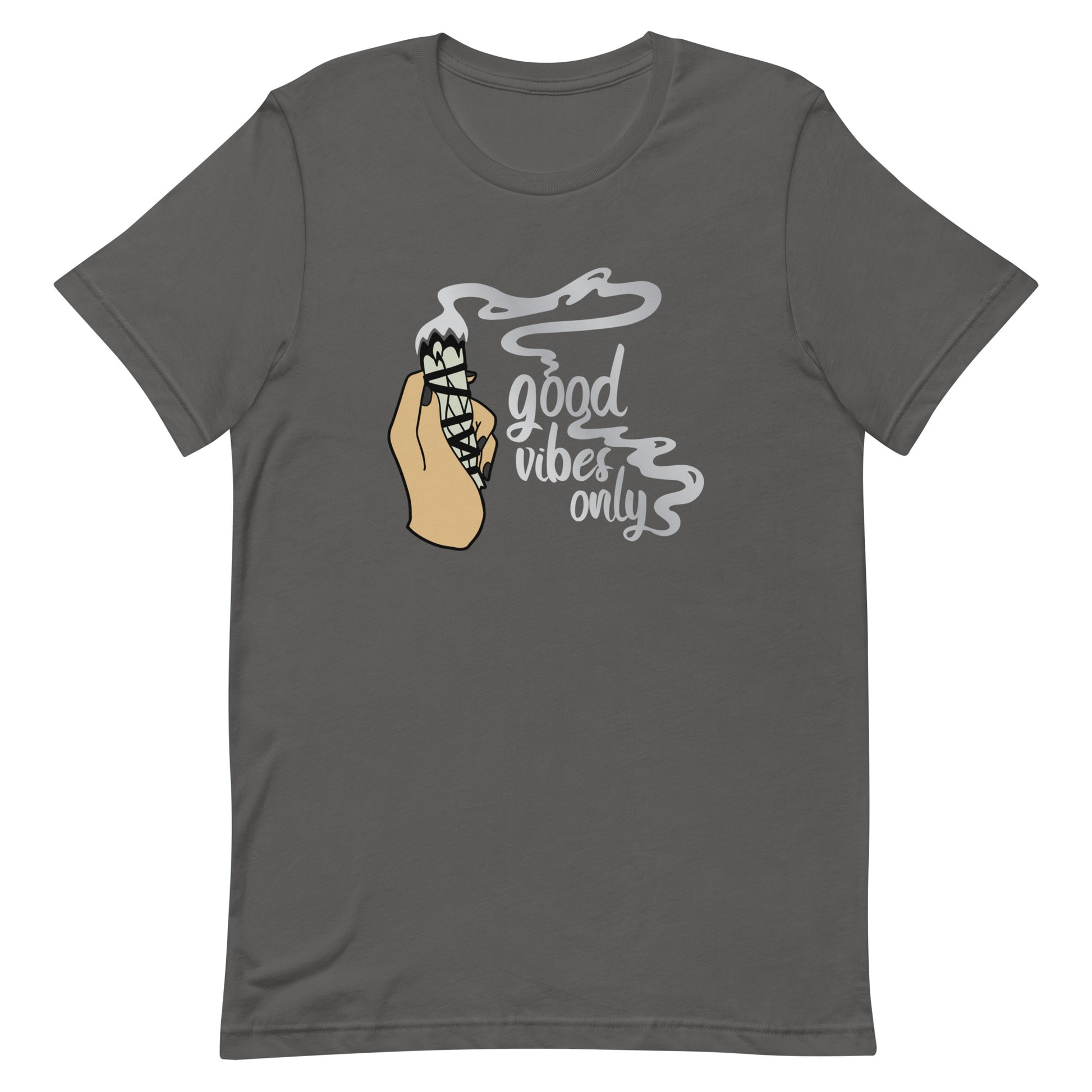 A grey crewneck t-shirt featuring an illustration of a hand holding a sage smudge stick. Smoke is flowing from the tip of the sage and forms text reading "good vibes only"