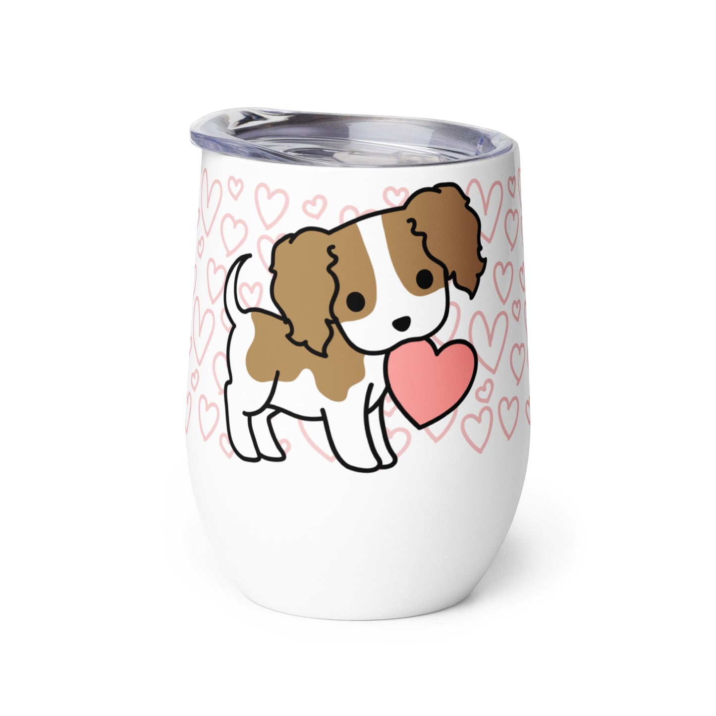 A white metal wine tumbler with a plastic lid. A pattern of hearts wraps around the top half of the tumbler. Centered on the tumbler is a cute, stylized illustration of a Cavalier King Charles Spaniel.