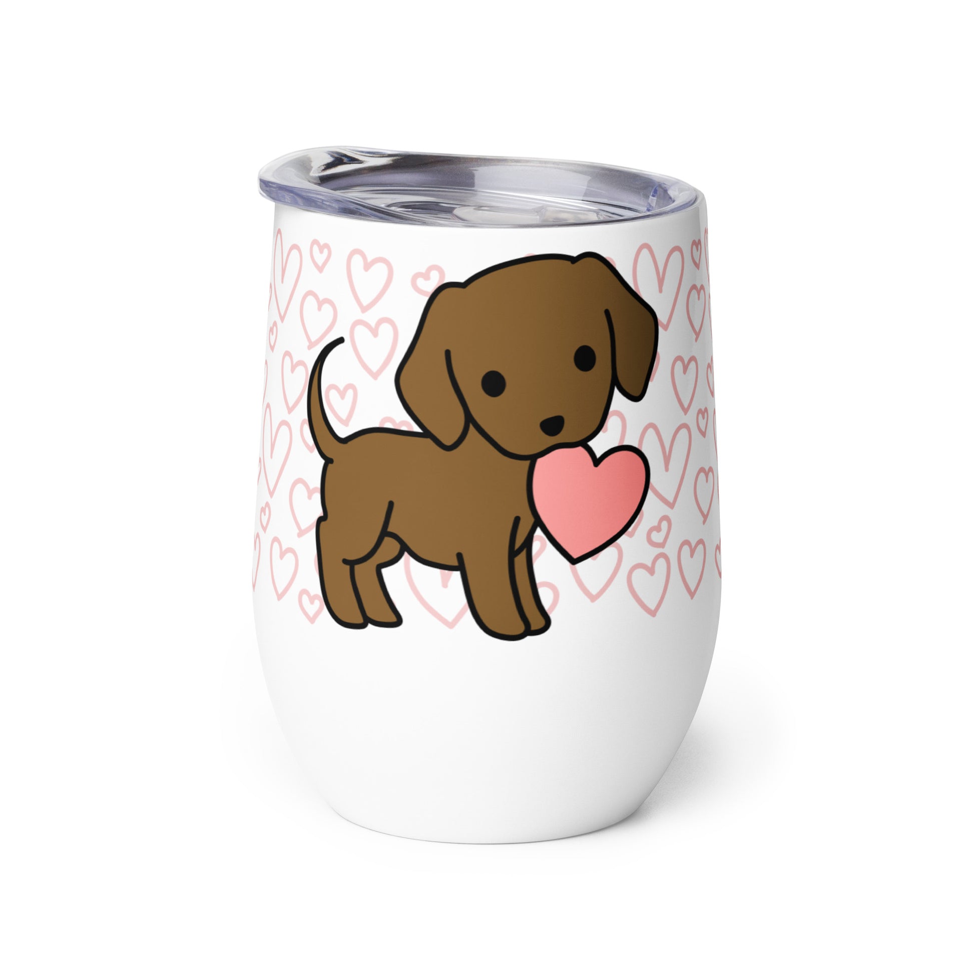 A white metal wine tumbler with a plastic lid. A pattern of hearts wraps around the top half of the tumbler. Centered on the tumbler is a cute, stylized illustration of a Chocolate Lab.