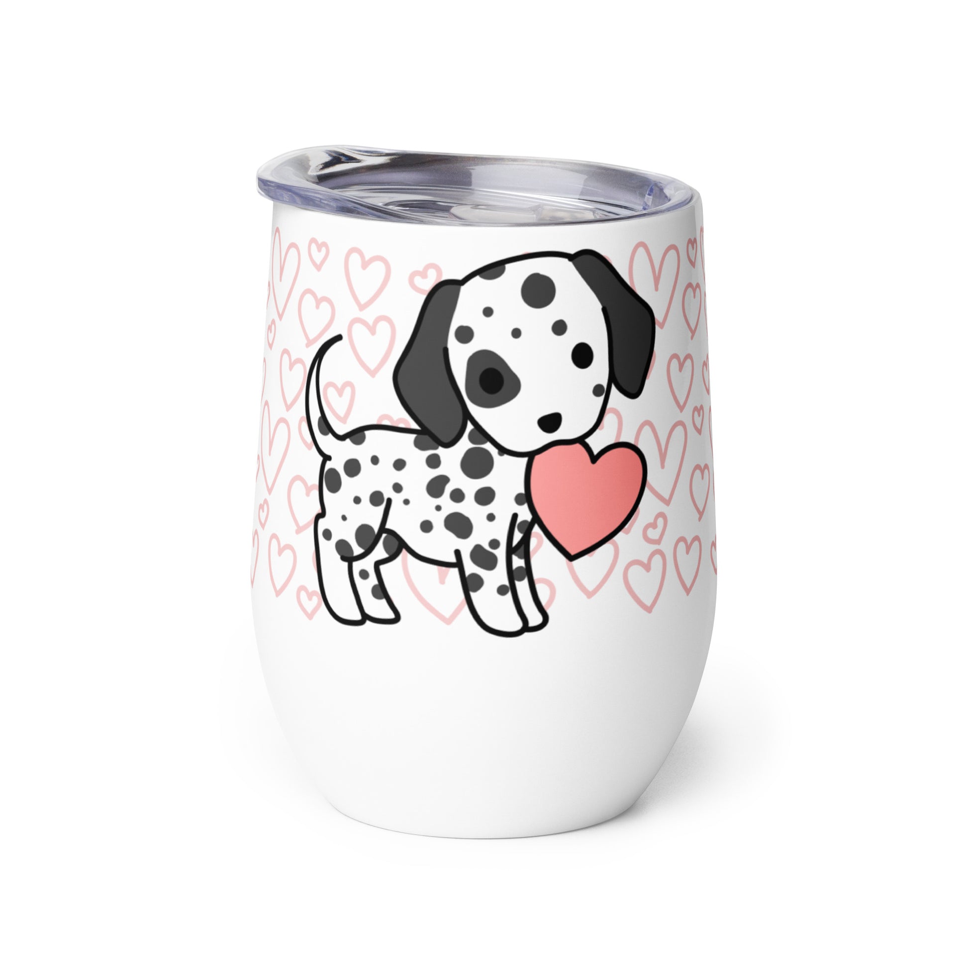 A white metal wine tumbler with a plastic lid. A pattern of hearts wraps around the top half of the tumbler. Centered on the tumbler is a cute, stylized illustration of a Dalmatian