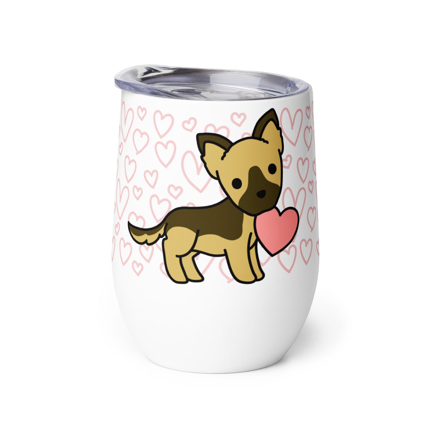 A white metal wine tumbler with a plastic lid. A pattern of hearts wraps around the top half of the tumbler. Centered on the tumbler is a cute, stylized illustration of a German Shepherd