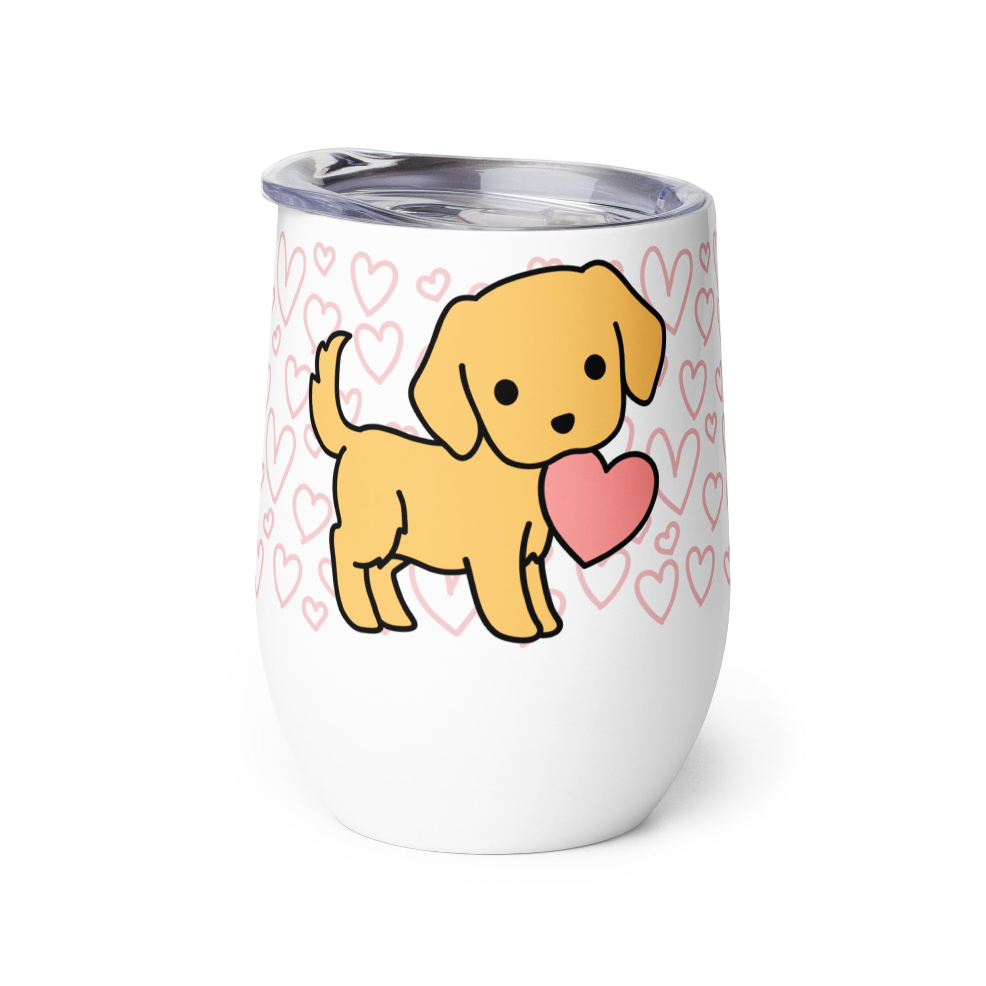A white metal wine tumbler with a plastic lid. A pattern of hearts wraps around the top half of the tumbler. Centered on the tumbler is a cute, stylized illustration of a Golden Retriever