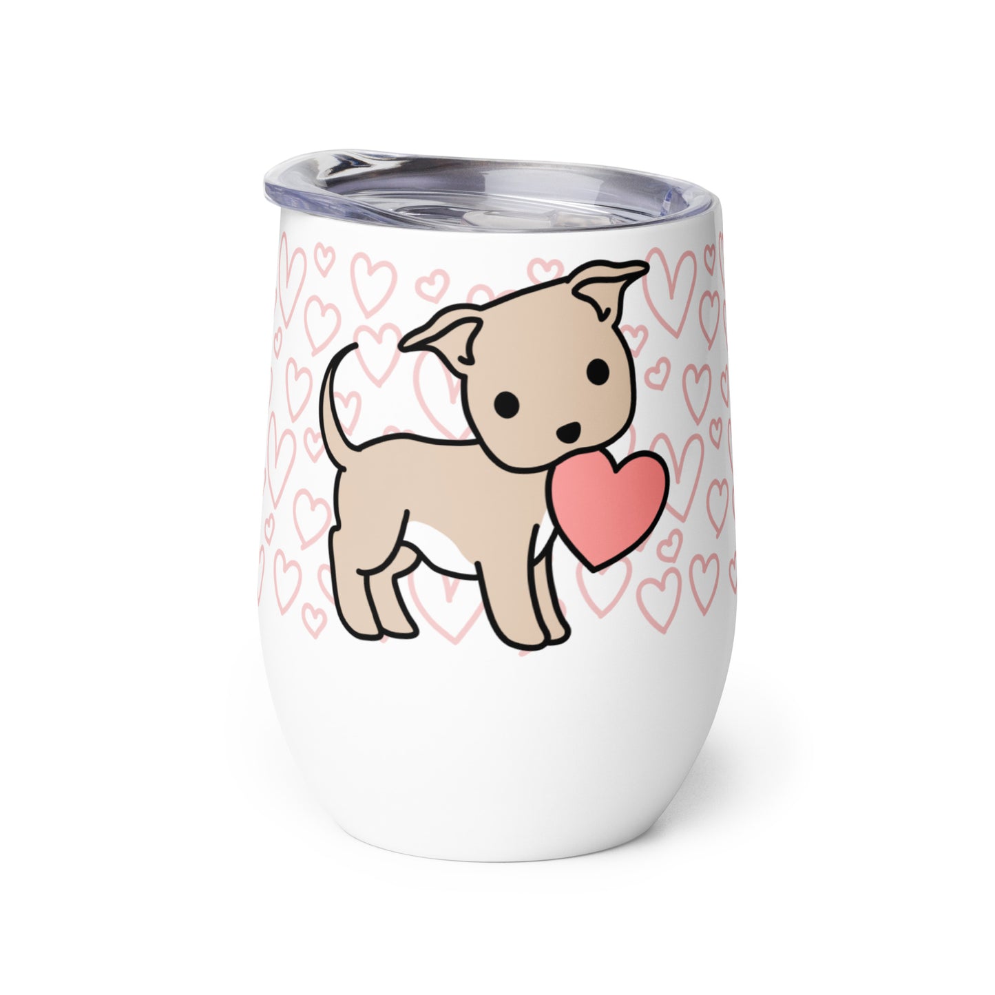 A white metal wine tumbler with a plastic lid. A pattern of hearts wraps around the top half of the tumbler. Centered on the tumbler is a cute, stylized illustration of a Pit Bull