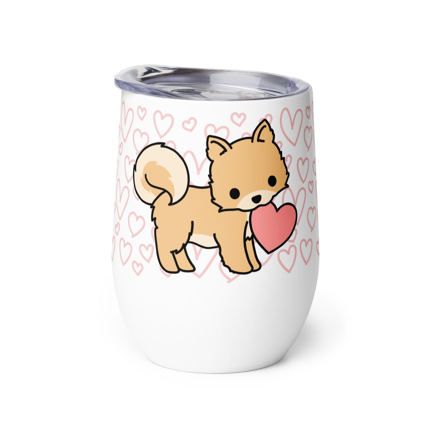 A white metal wine tumbler with a plastic lid. A pattern of hearts wraps around the top half of the tumbler. Centered on the tumbler is a cute, stylized illustration of a Pomeranian.