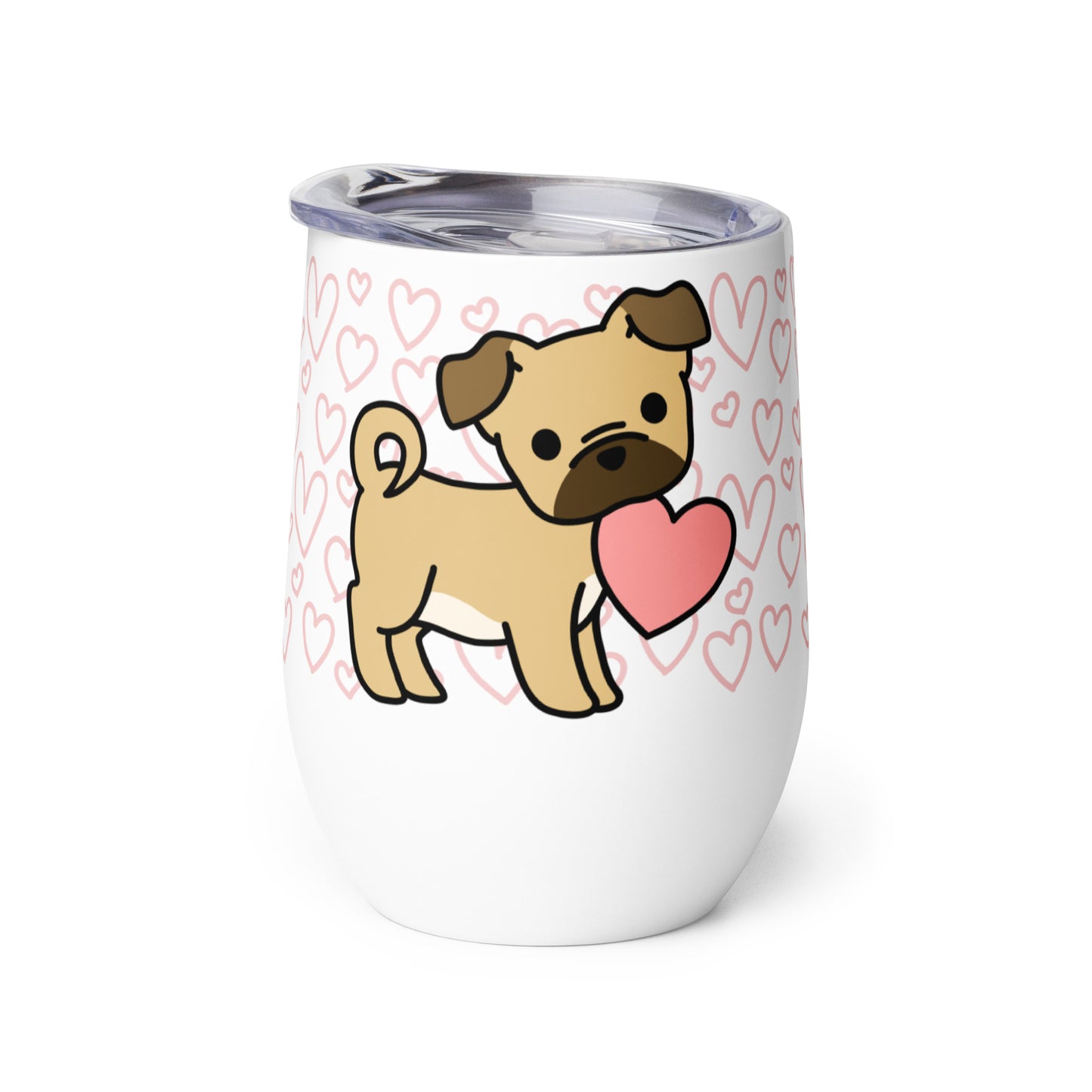 A white metal wine tumbler with a plastic lid. A pattern of hearts wraps around the top half of the tumbler. Centered on the tumbler is a cute, stylized illustration of a Puggle