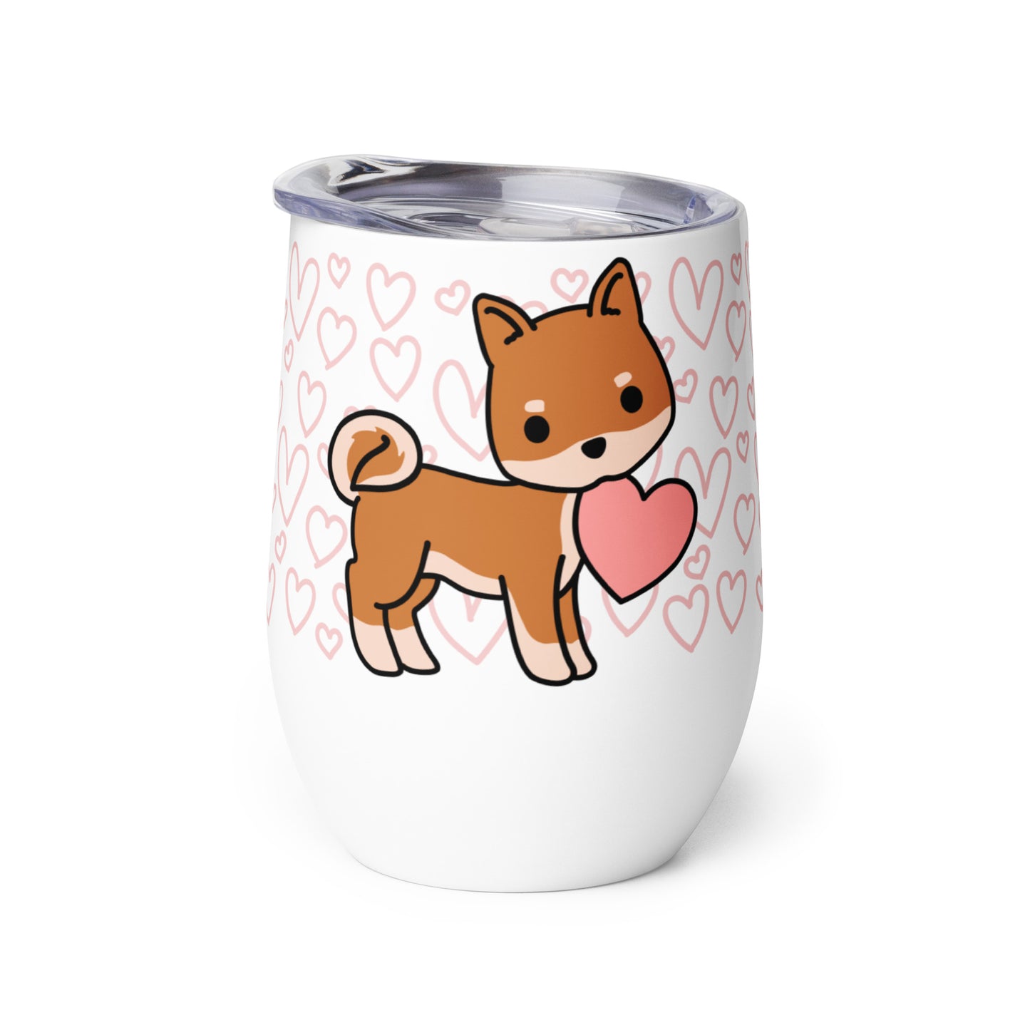 A white metal wine tumbler with a plastic lid. A pattern of hearts wraps around the top half of the tumbler. Centered on the tumbler is a cute, stylized illustration of a Shiba Inu.