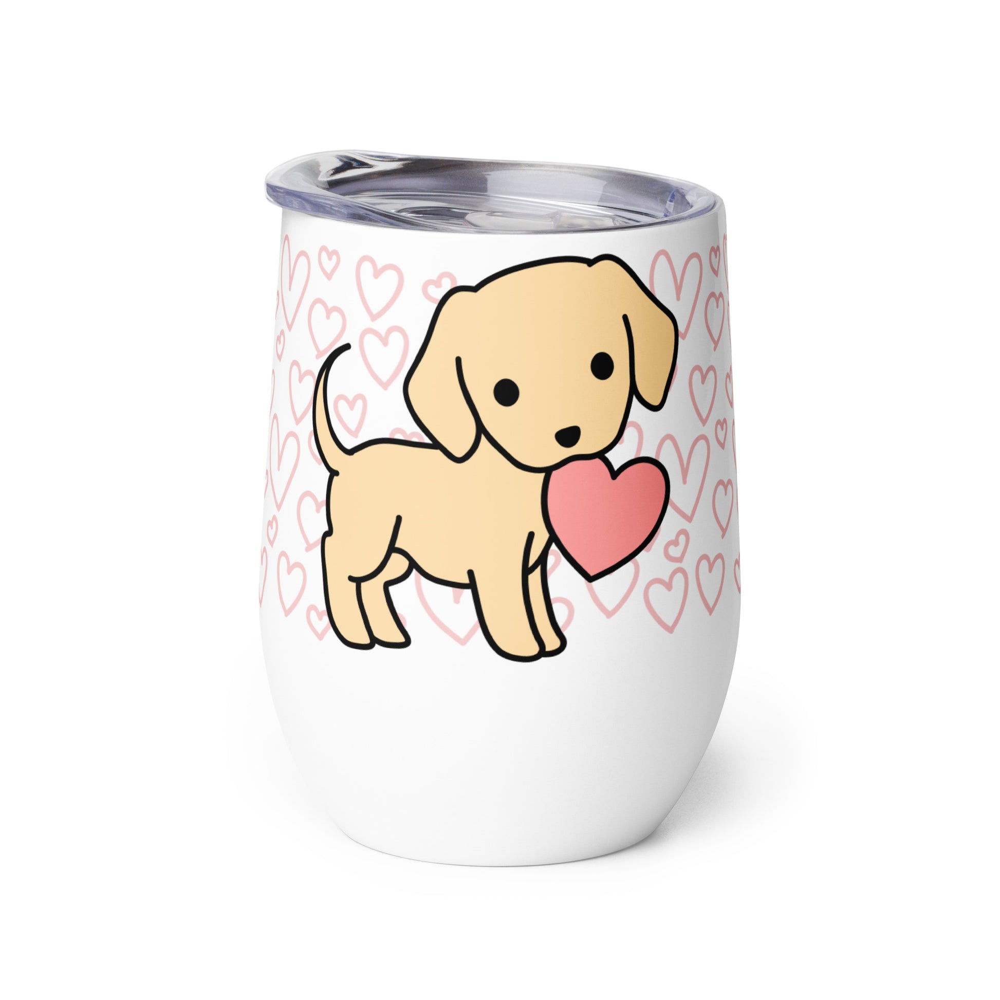 A white metal wine tumbler with a plastic lid. A pattern of hearts wraps around the top half of the tumbler. Centered on the tumbler is a cute, stylized illustration of a Yellow Lab