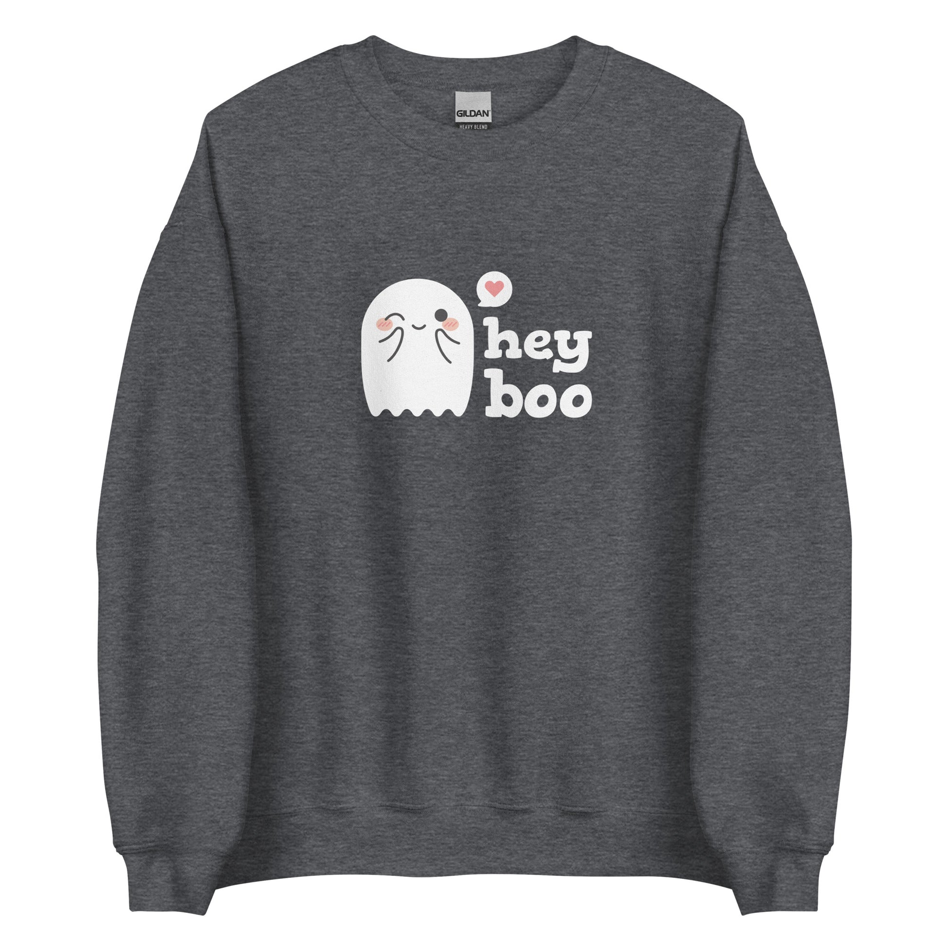 A grey crewneck sweatshirt featuring an image of a cute smiling and blushing ghost. Text alongside the ghost reads "hey boo"