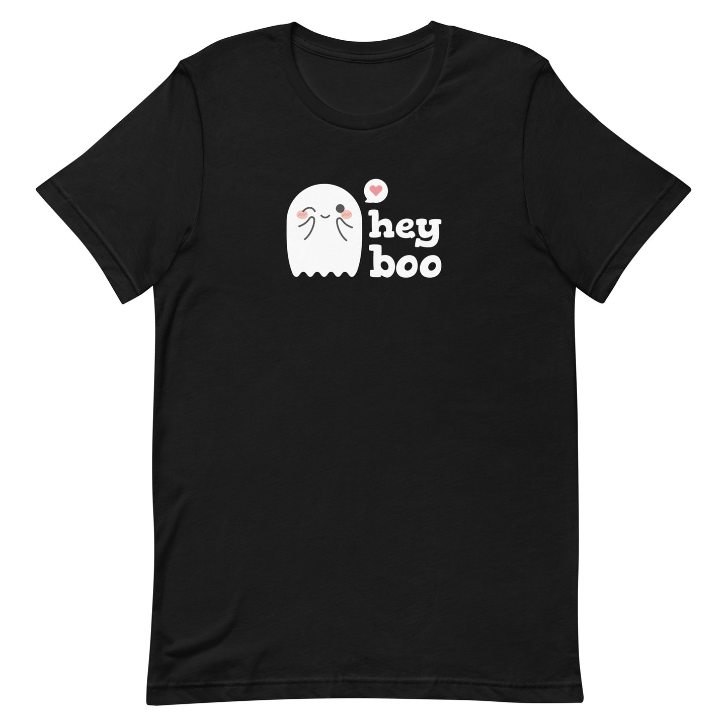 A black crewneck t-shirt featuring an image of a cute smiling and blushing ghost. Text alongside the ghost reads "hey boo"