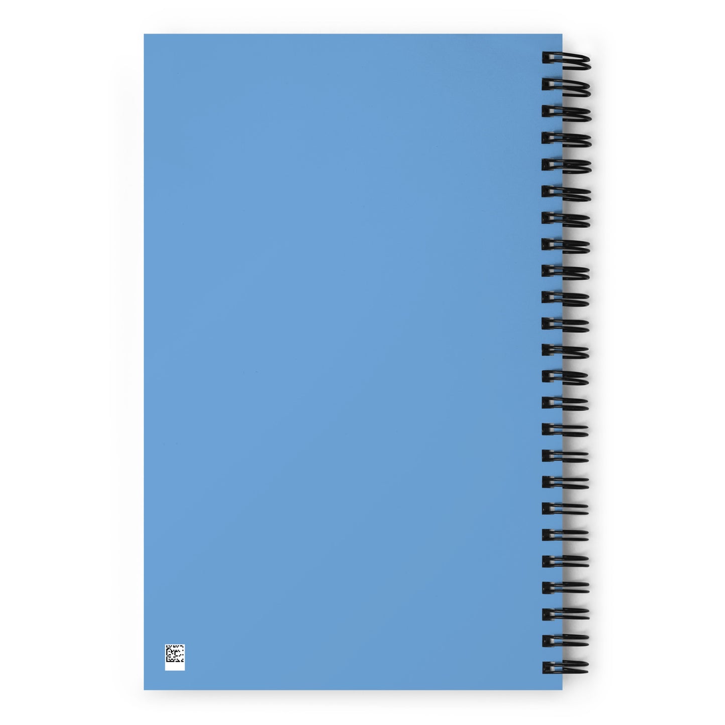 The back side of a blue wire-bound notebook