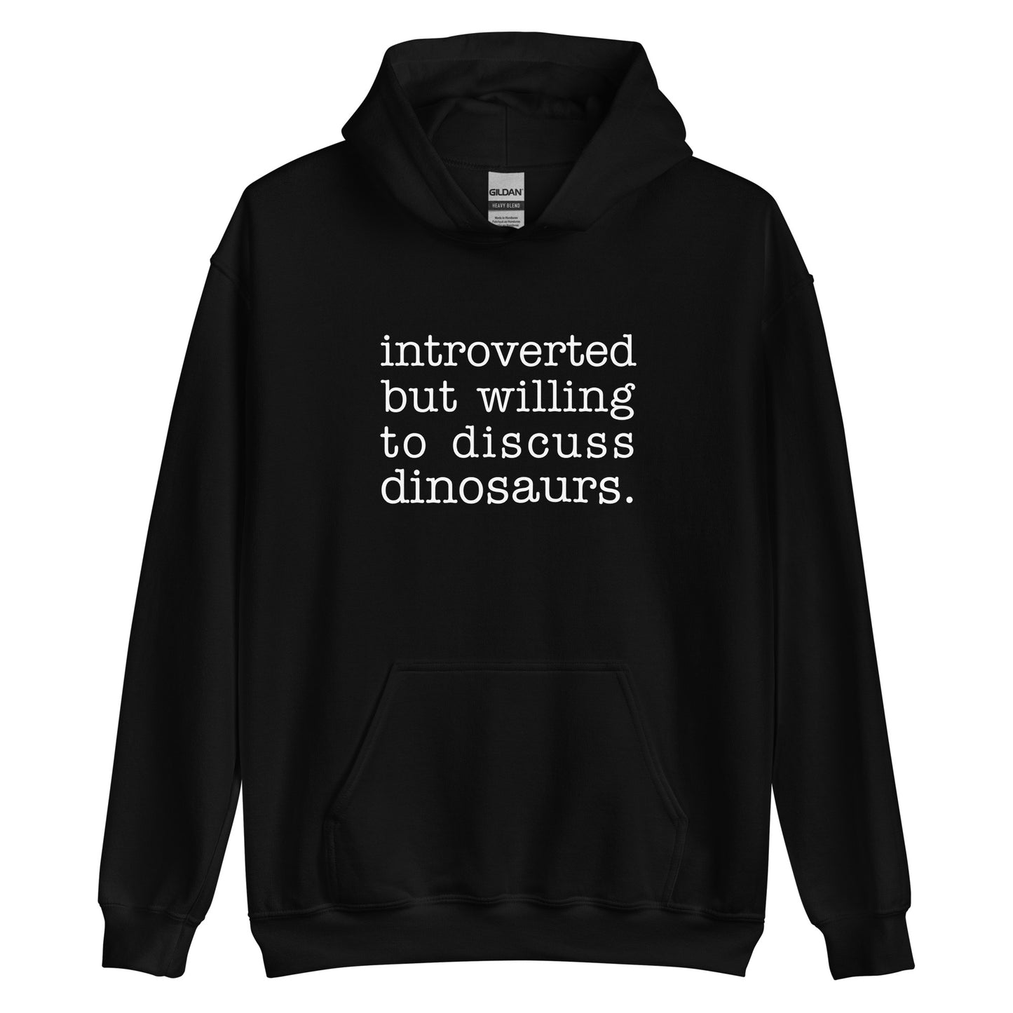 A black hooded sweatshirt with white text reading "introverted but willing to discuss dinosaurs"