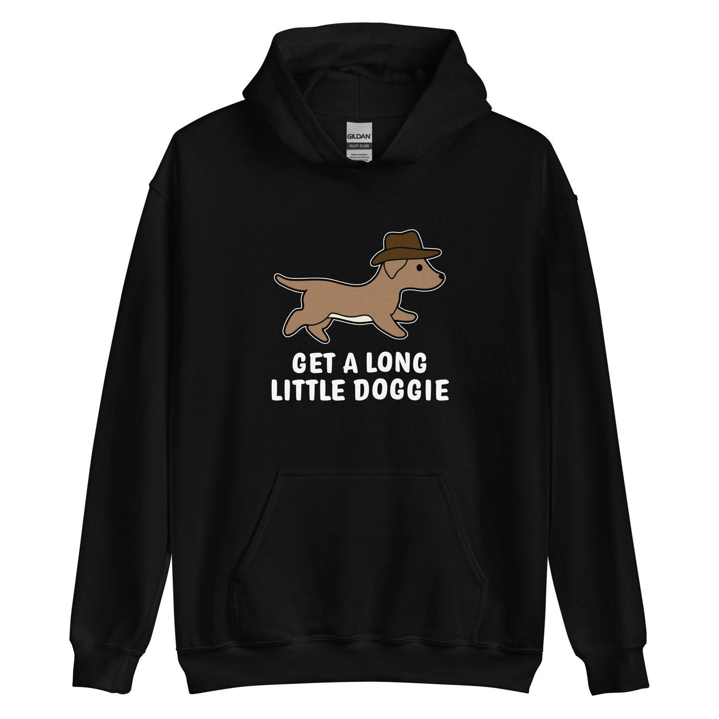 Black hooded sweatshirt featuring an image of a dachshund wearing a cowboy hat. Text below the dog reads "Get a long little doggie"