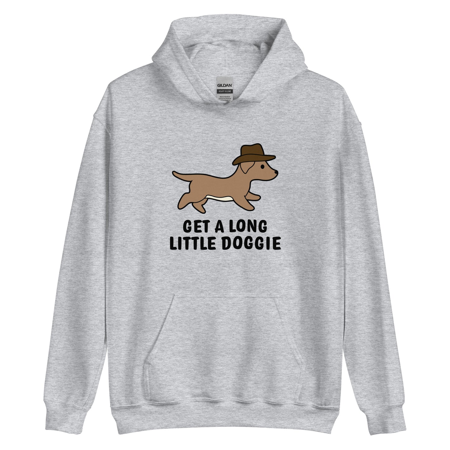 A grey hooded sweatshirt featuring an image of a dachshund wearing a cowboy hat. Text below the dog reads "Get a long little doggie"