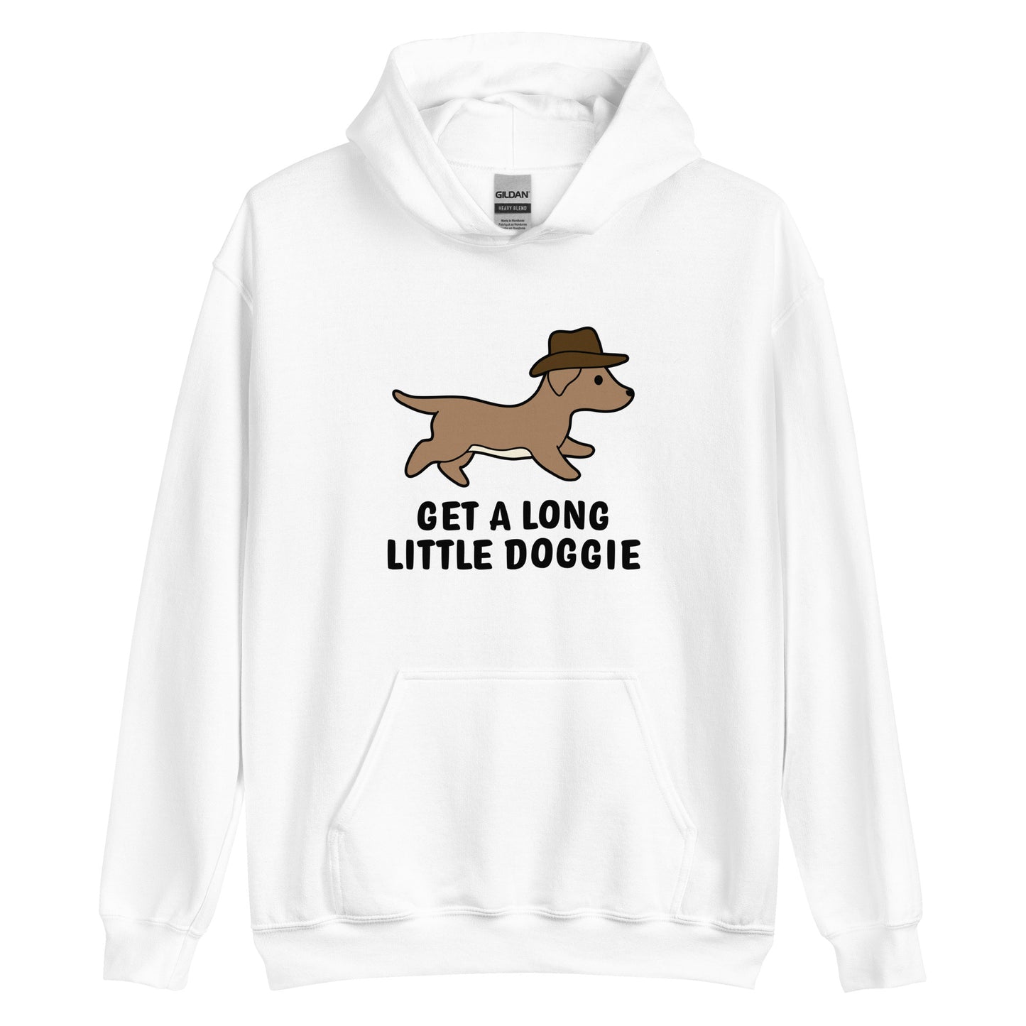 A white hooded sweatshirt featuring an image of a dachshund wearing a cowboy hat. Text below the dog reads "Get a long little doggie"
