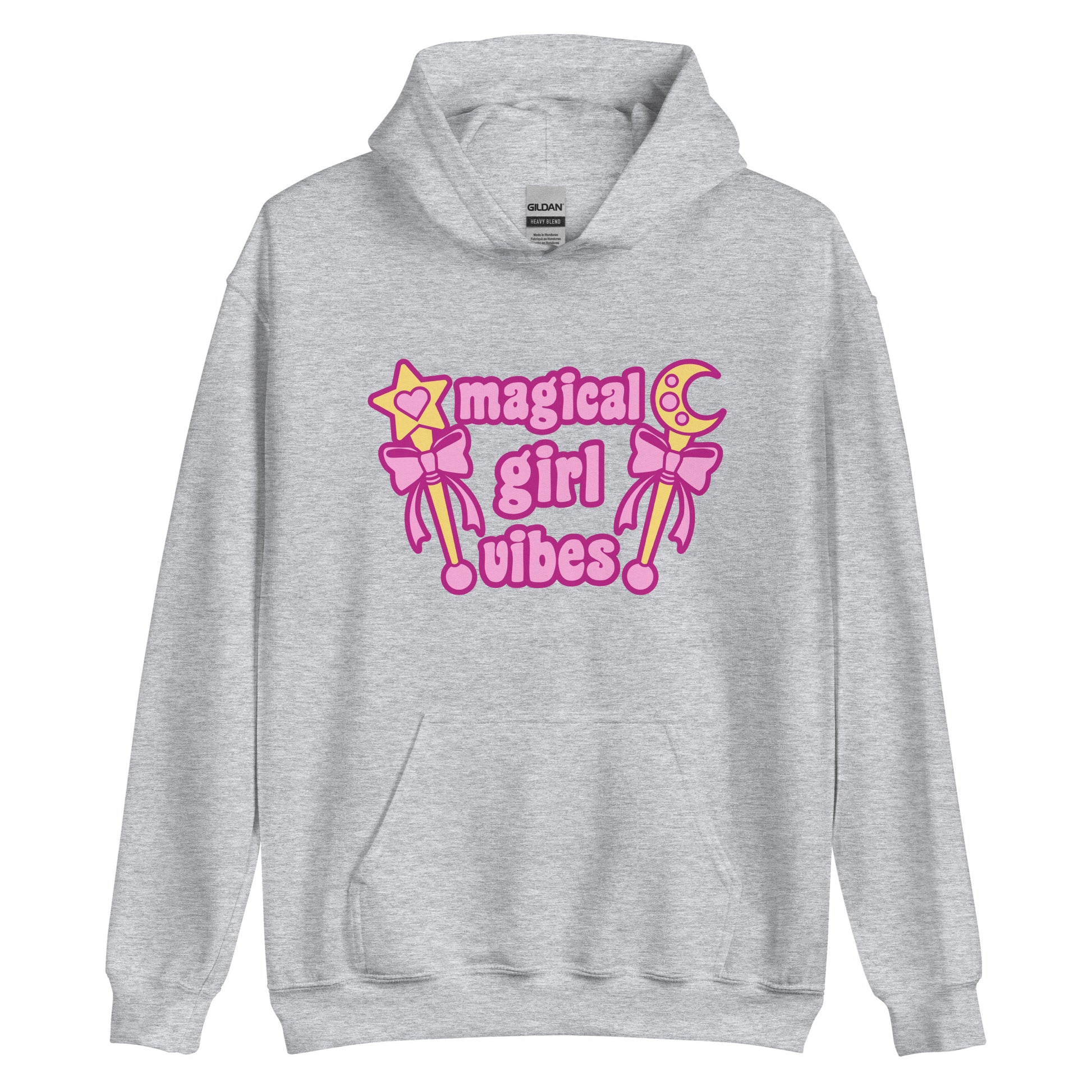 A heathered grey hooded sweatshirt featuring two gold wands with pink bows and pink text reading "Magical girl vibes"