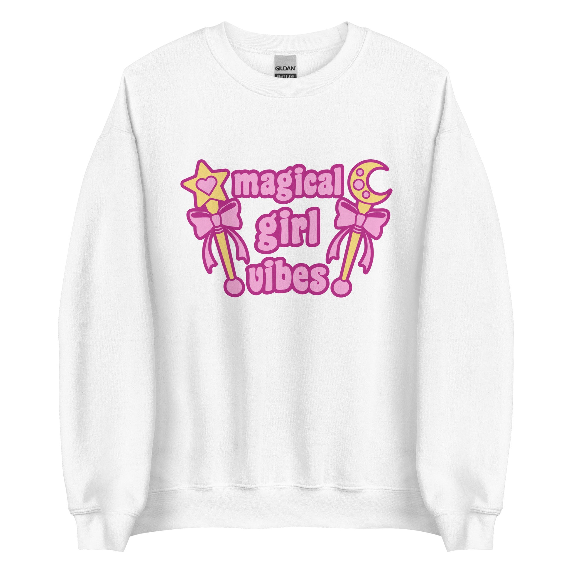 A white crewneck sweatshirt featuring two gold wands with pink bows and pink text reading "Magical girl vibes"