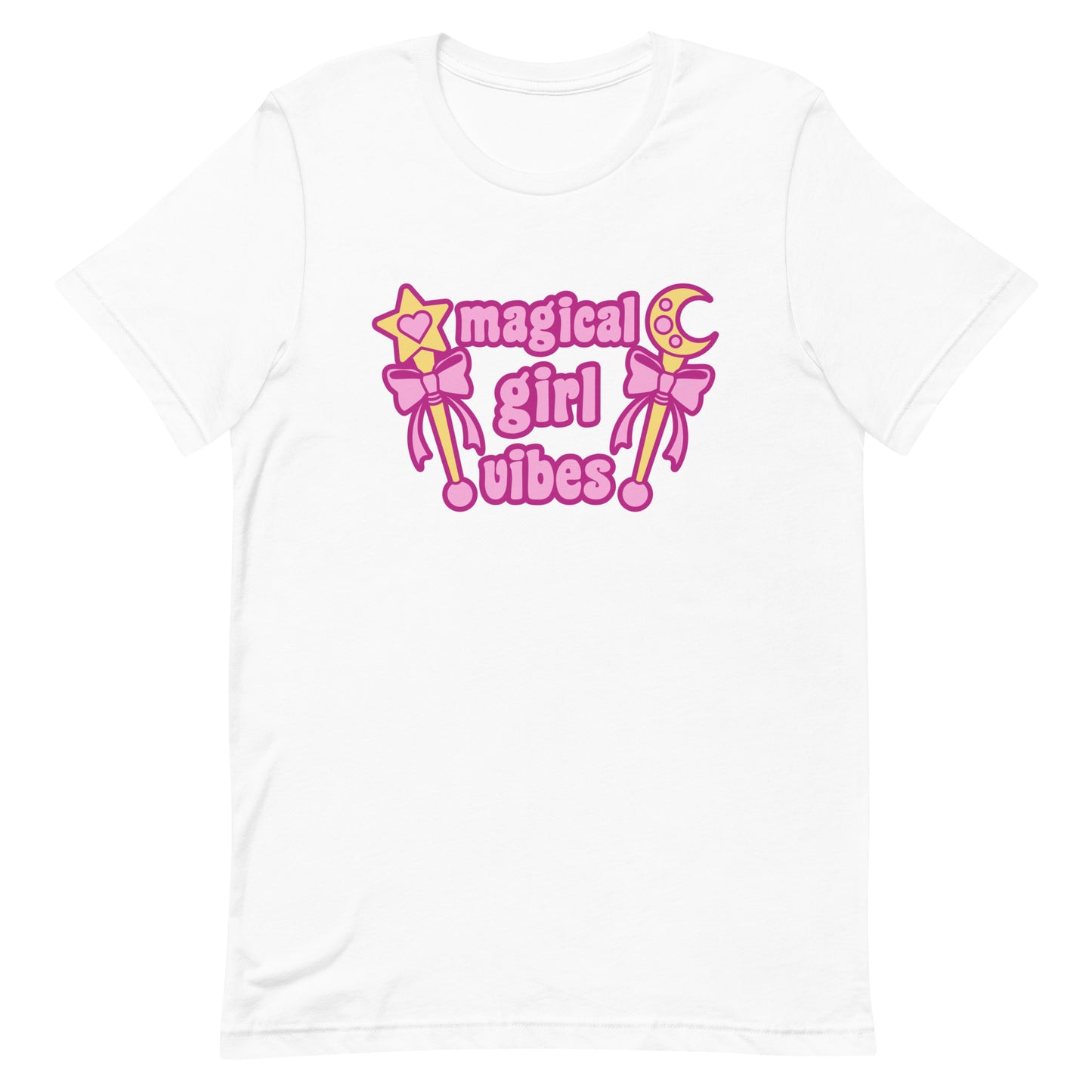 A white crewneck t-shirt featuring two gold wands with pink bows and pink text reading "Magical girl vibes"