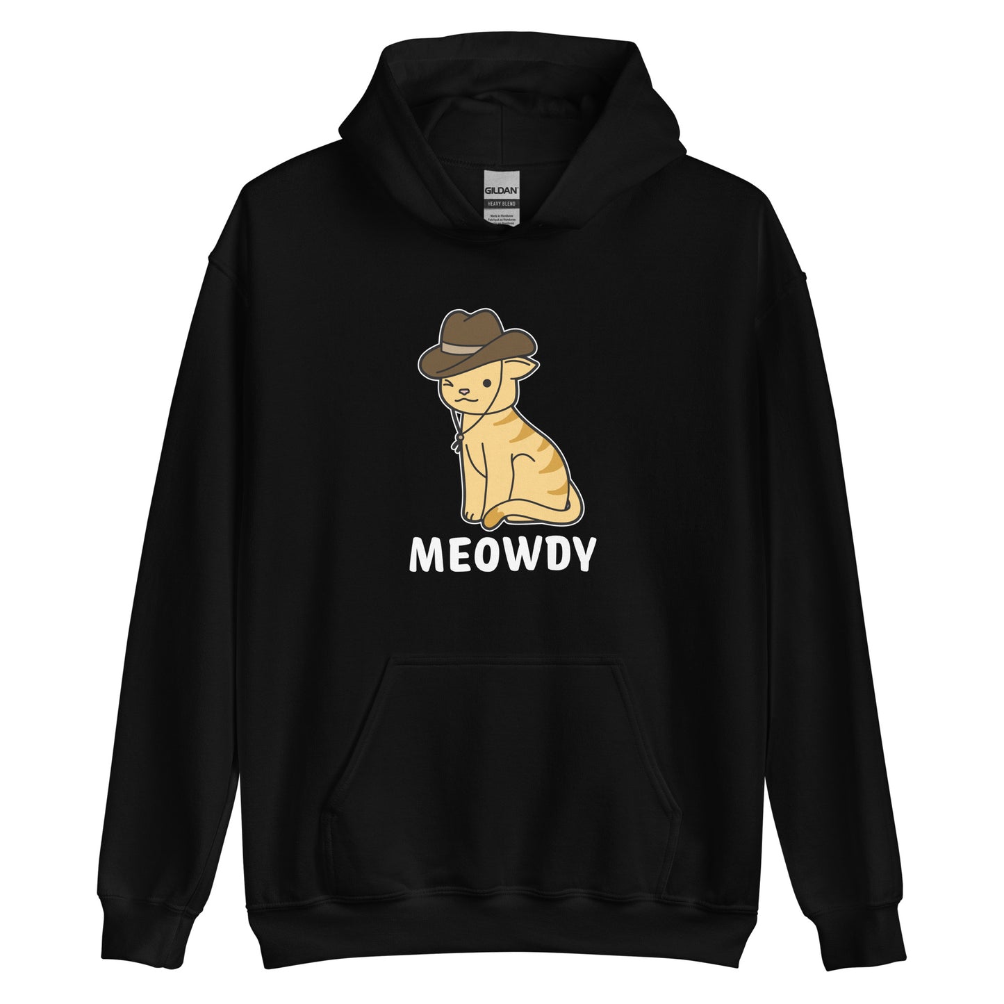 A black hooded sweatshirt featuring a cartoon drawing of an orange striped cat. The cat is winking and wearing a cowboy hat. Text beneath the cat reads "Meowdy"