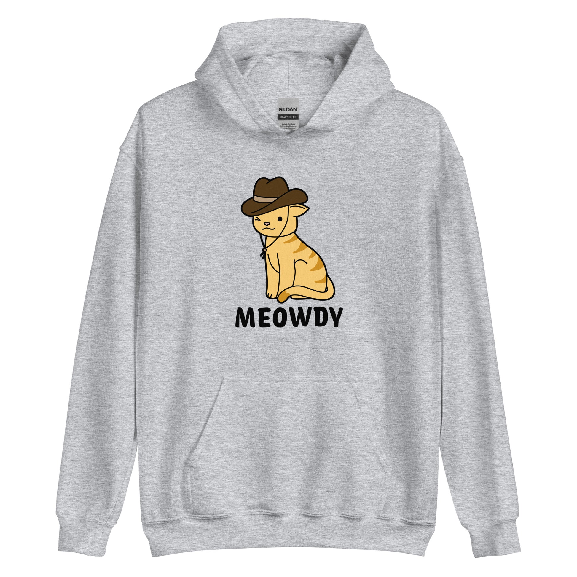 A grey hooded sweatshirt featuring a cartoon drawing of an orange striped cat. The cat is winking and wearing a cowboy hat. Text beneath the cat reads "Meowdy"