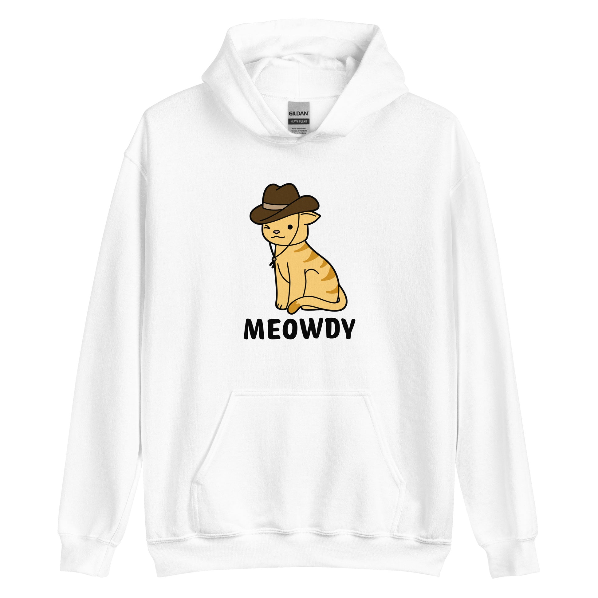 A white hooded sweatshirt featuring a cartoon drawing of an orange striped cat. The cat is winking and wearing a cowboy hat. Text beneath the cat reads "Meowdy"