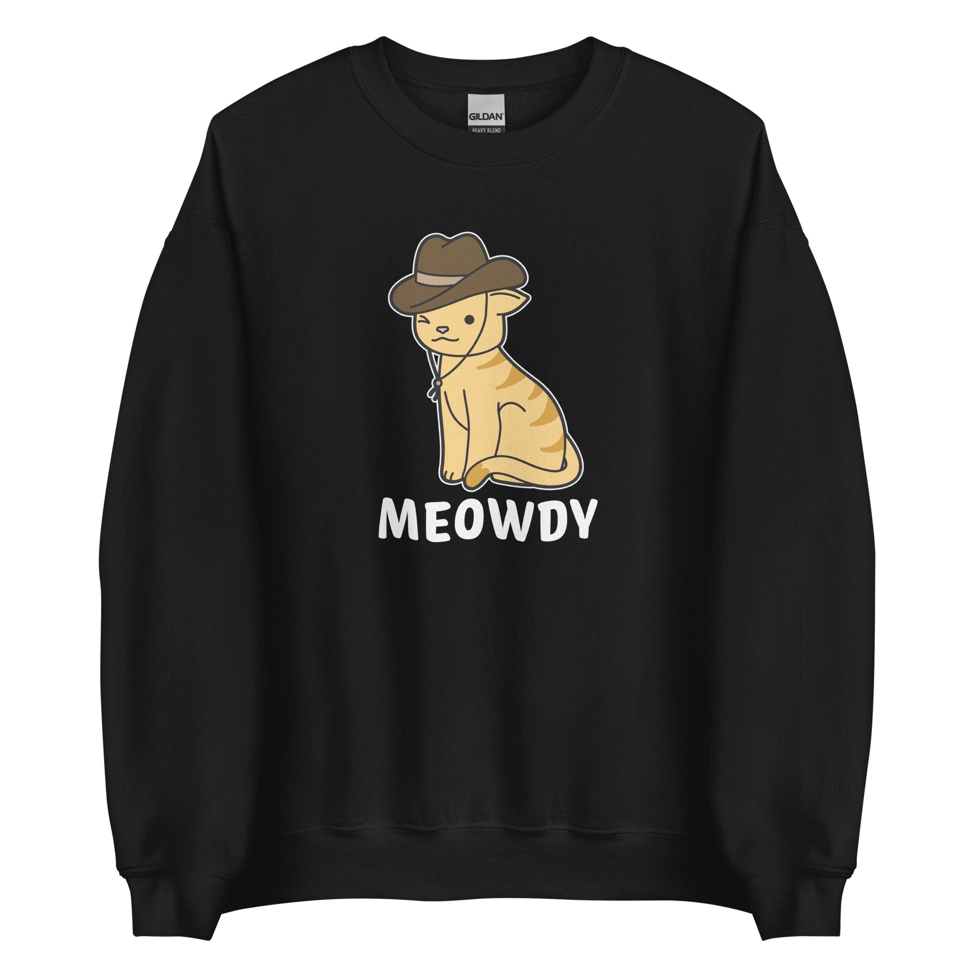 A black crewneck sweatshirt featuring an illsutration of an orange striped cat. The cat is wearing a cowboy hat and winking. Text beneath him reads "Meowdy".