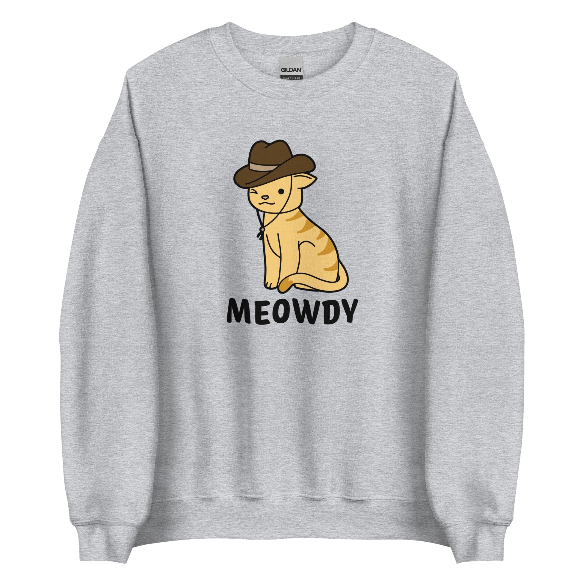 A grey crewneck sweatshirt featuring an illsutration of an orange striped cat. The cat is wearing a cowboy hat and winking. Text beneath him reads "Meowdy".