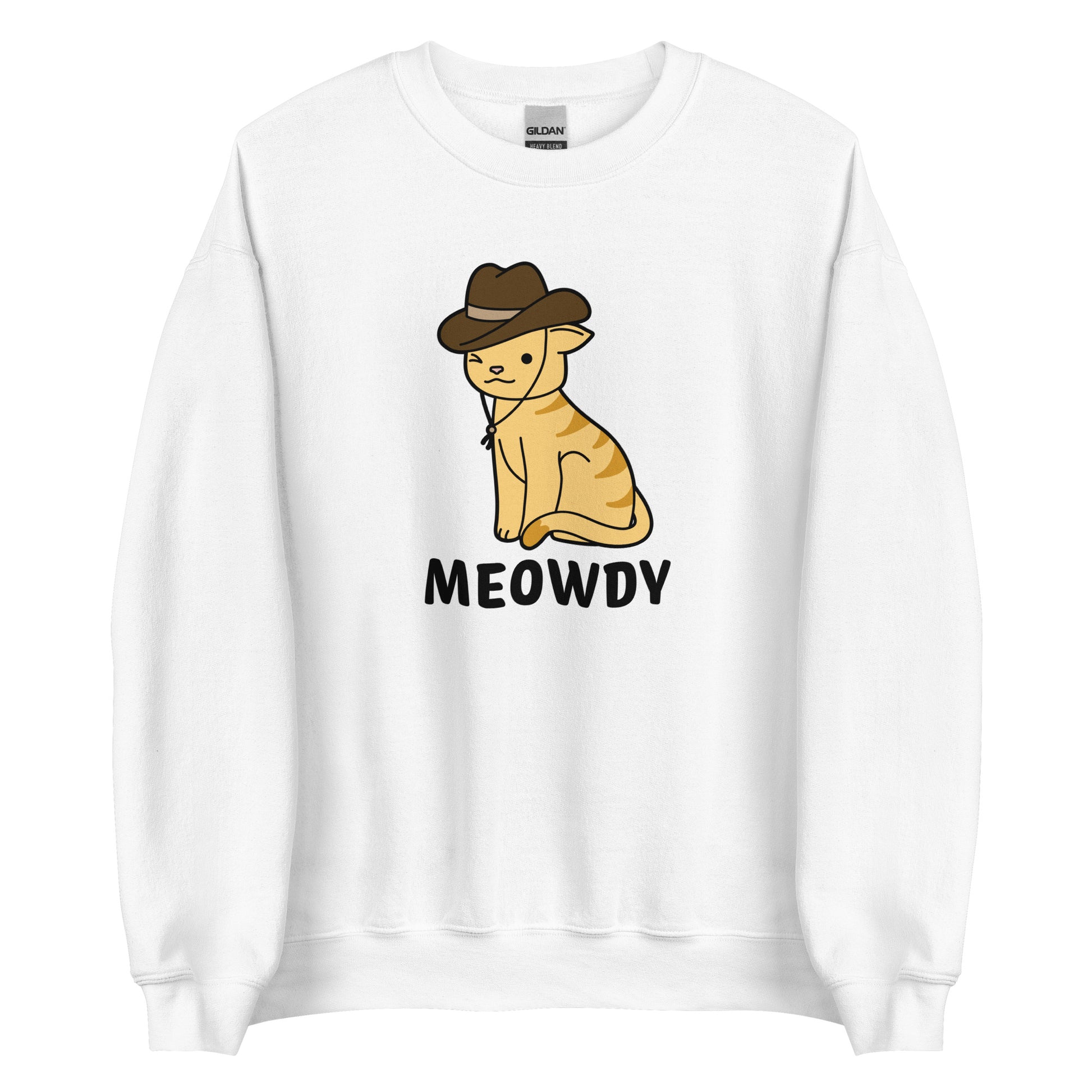 A white crewneck sweatshirt featuring an illsutration of an orange striped cat. The cat is wearing a cowboy hat and winking. Text beneath him reads "Meowdy".