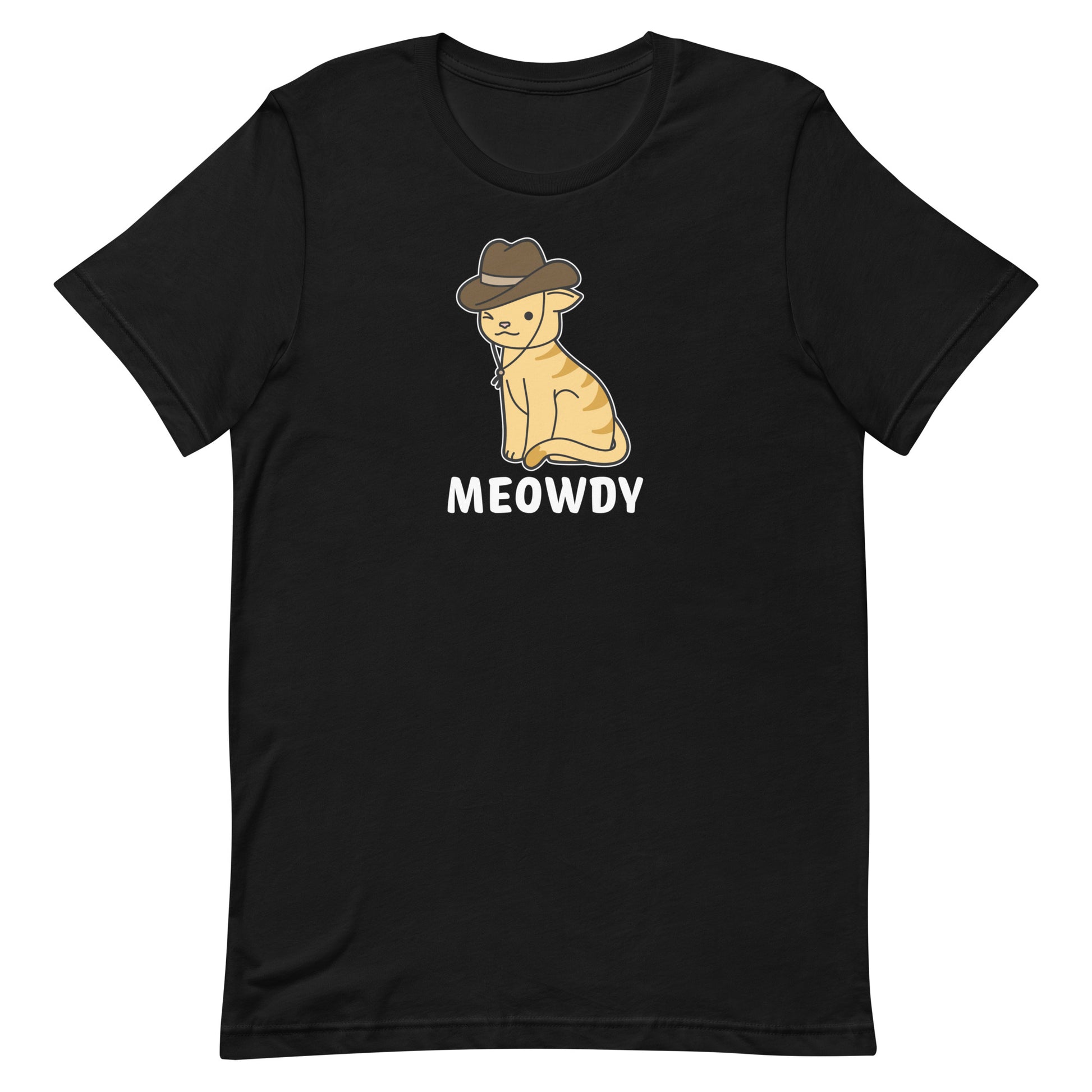 A black crewneck t-shirt featuring an illustration of an orange striped cat. The cat is winking at the viewer and wearing a cowboy hat. Text beneath him reads "Meowdy".