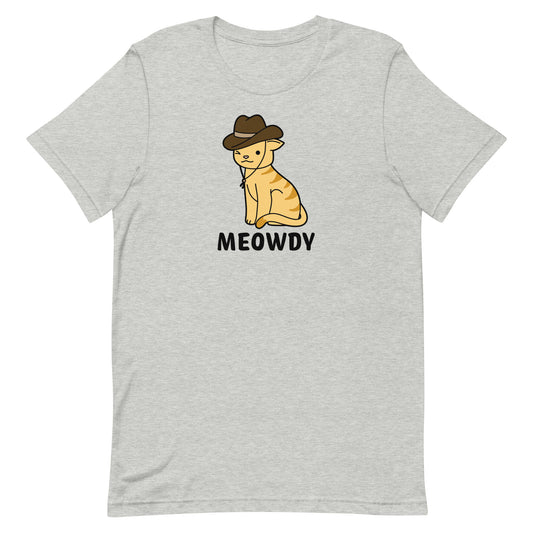 A heather grey crewneck t-shirt featuring an illustration of an orange striped cat. The cat is winking at the viewer and wearing a cowboy hat. Text beneath him reads "Meowdy".