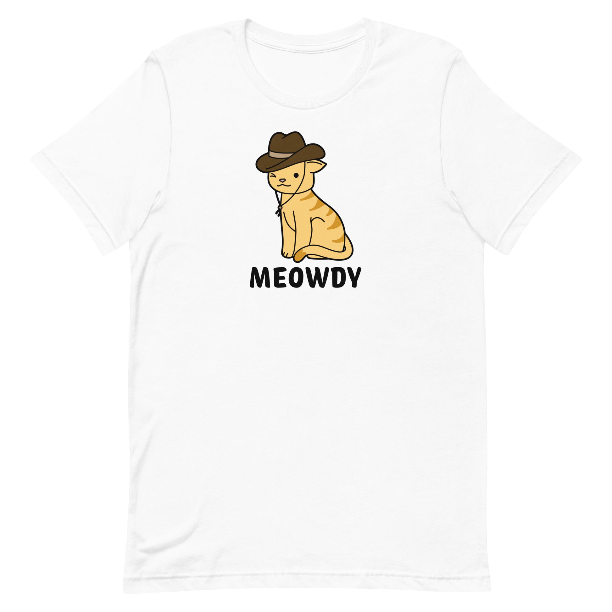 A white crewneck t-shirt featuring an illustration of an orange striped cat. The cat is winking at the viewer and wearing a cowboy hat. Text beneath him reads "Meowdy".