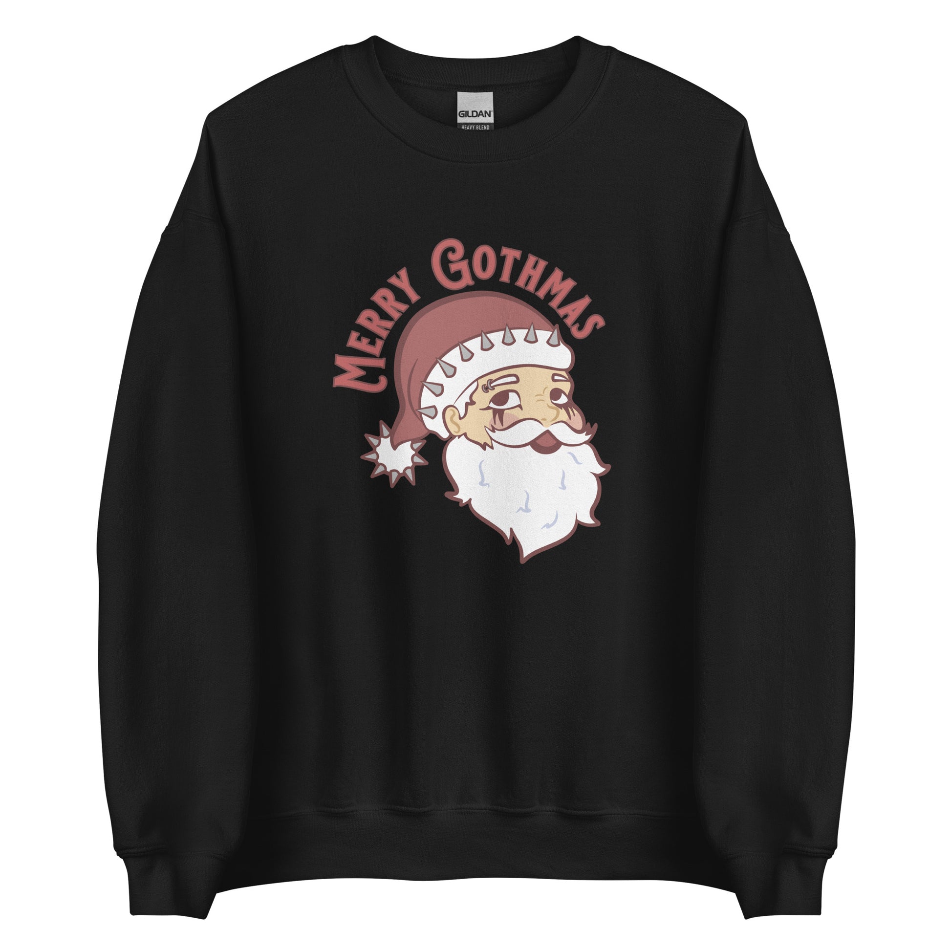 A black crewneck sweatshirt featuring an image of Santa Claus. He is wearing goth-style makeup and his hat is decorated with spikes. Text above Santa reads "Merry Gothmas"