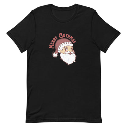 A black crewneck t-shirt featuring an image of Santa Claus. Santa is wearing goth-style makeup, and his hat is decorated with spikes. Text above Santa's head reads "Merry Gothmas"