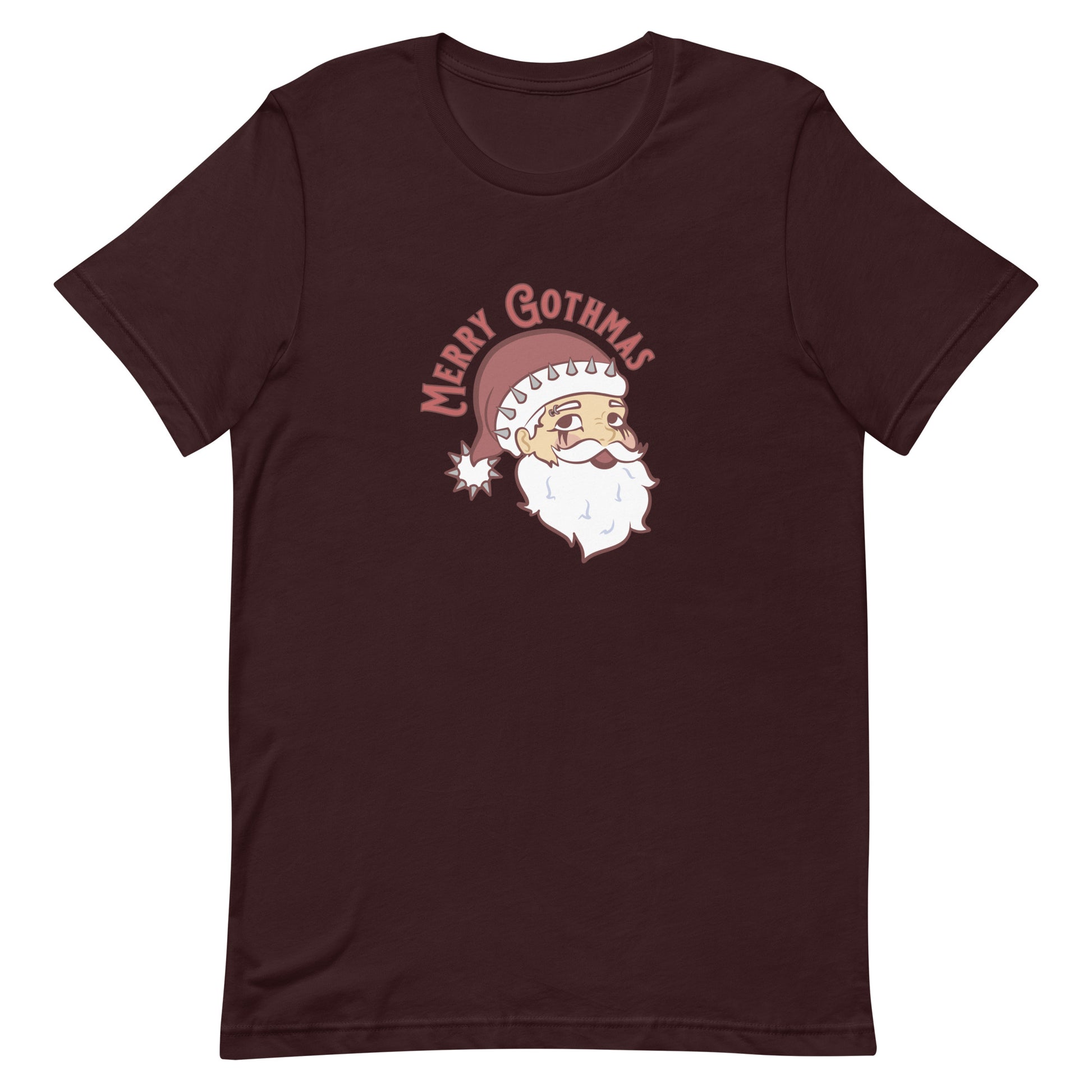 A dark red crewneck t-shirt featuring an image of Santa Claus. Santa is wearing goth-style makeup, and his hat is decorated with spikes. Text above Santa's head reads "Merry Gothmas"