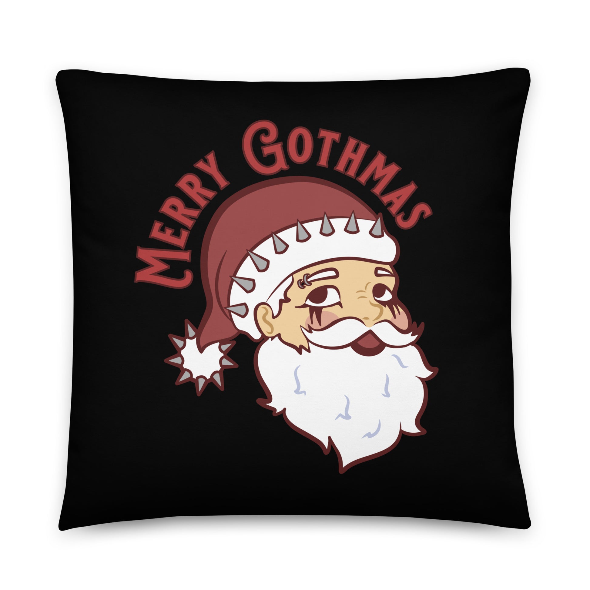 A black 22" x 22" throw pillow featuring an image of Santa Claus. Santa is wearing goth-style makeup and his hat is decorated with spikes. Text above Santa's head reads "Merry Gothmas"