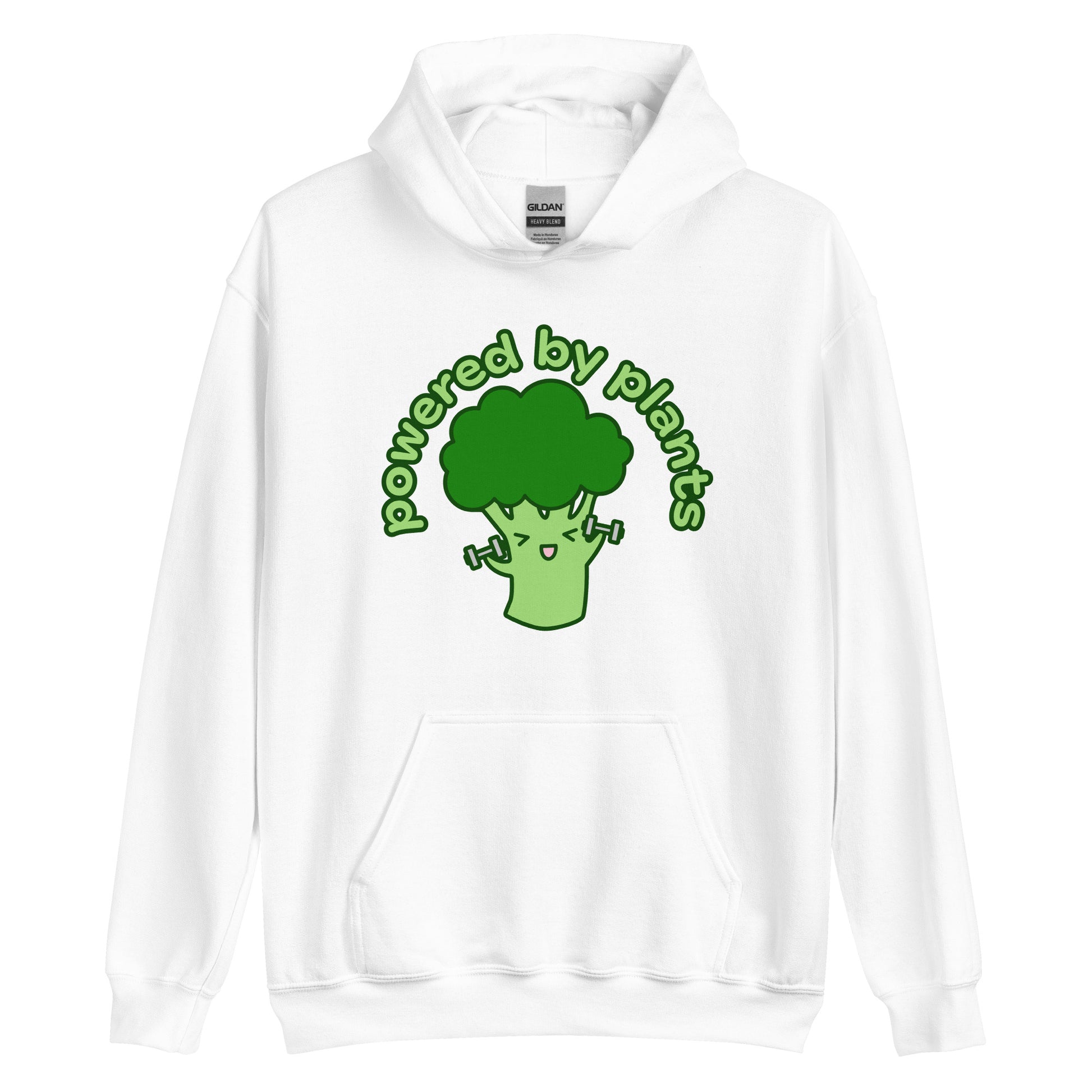 A white hooded sweatshirt featuring an illustration of a cartoon broccoli character. The broccoli is excitedly lifting weights, and text in an arc above the broccoli reads "powered by plants".
