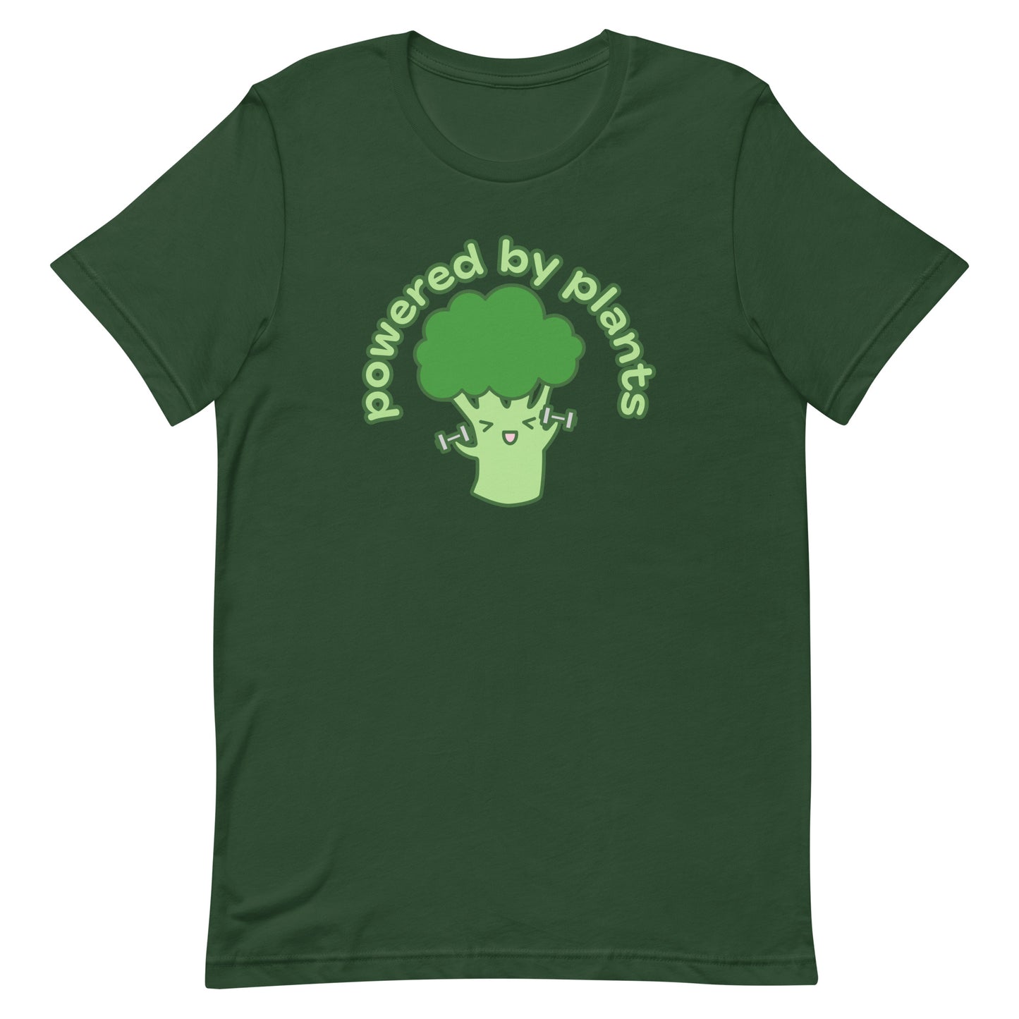 A dark green crewneck t-shirt featuring an illustration of a cartoon broccoli character. The broccoli is excitedly lifting weights, and text in an arc above the broccoli reads "powered by plants".