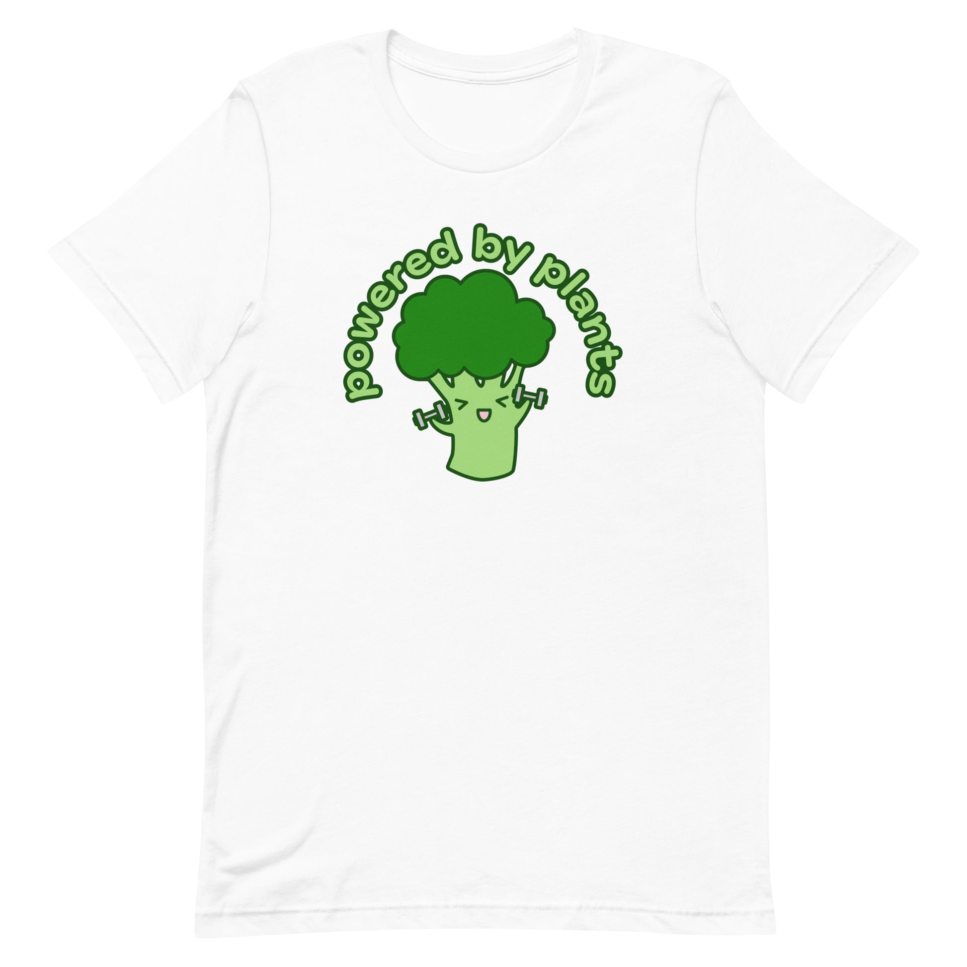A white crewneck t-shirt featuring an illustration of a cartoon broccoli character. The broccoli is excitedly lifting weights, and text in an arc above the broccoli reads "powered by plants".