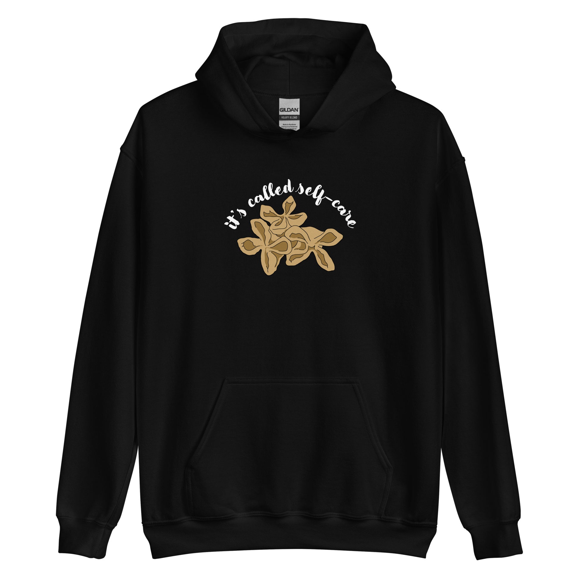 A black hooded sweatshirt featuring an illustration of three pieces of crab rangoon. Text in an arc above the crab rangoon reads "it's called self-care" in a cursive script.