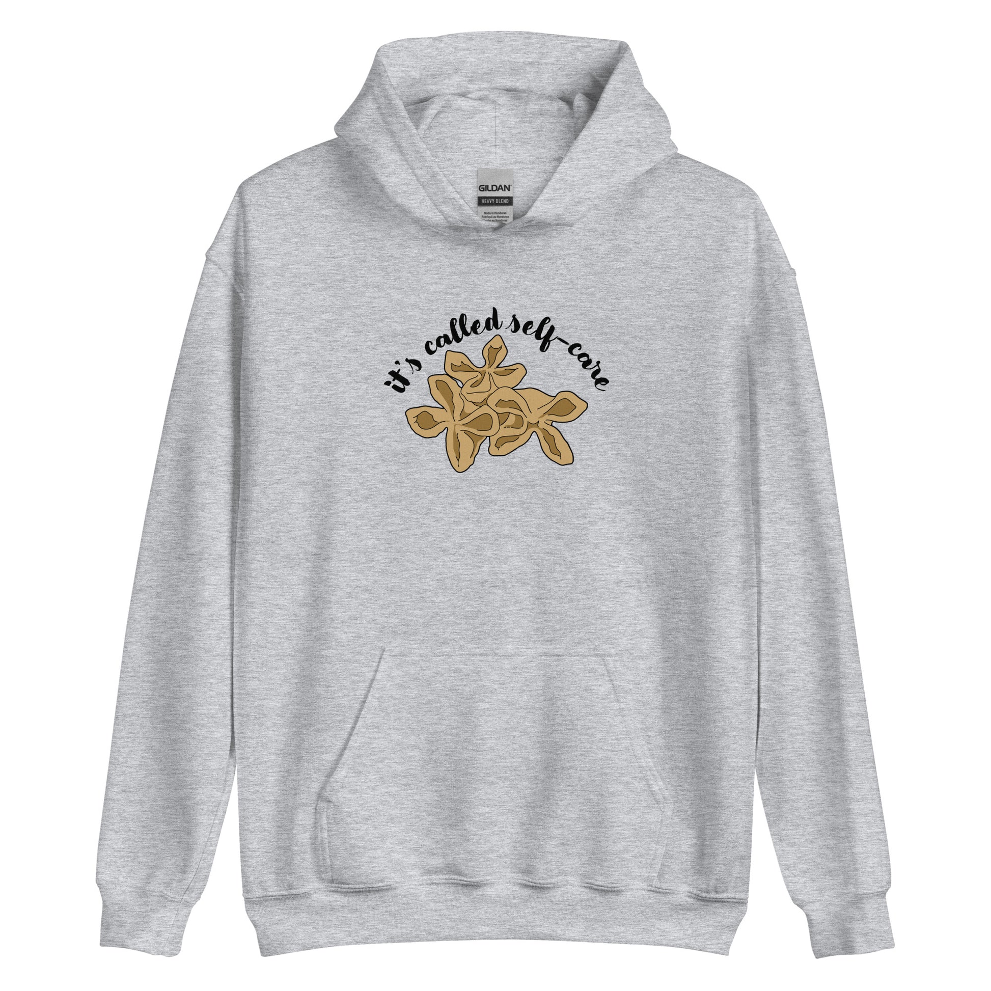 A grey hooded sweatshirt featuring an illustration of three pieces of crab rangoon. Text in an arc above the crab rangoon reads "it's called self-care" in a cursive script.