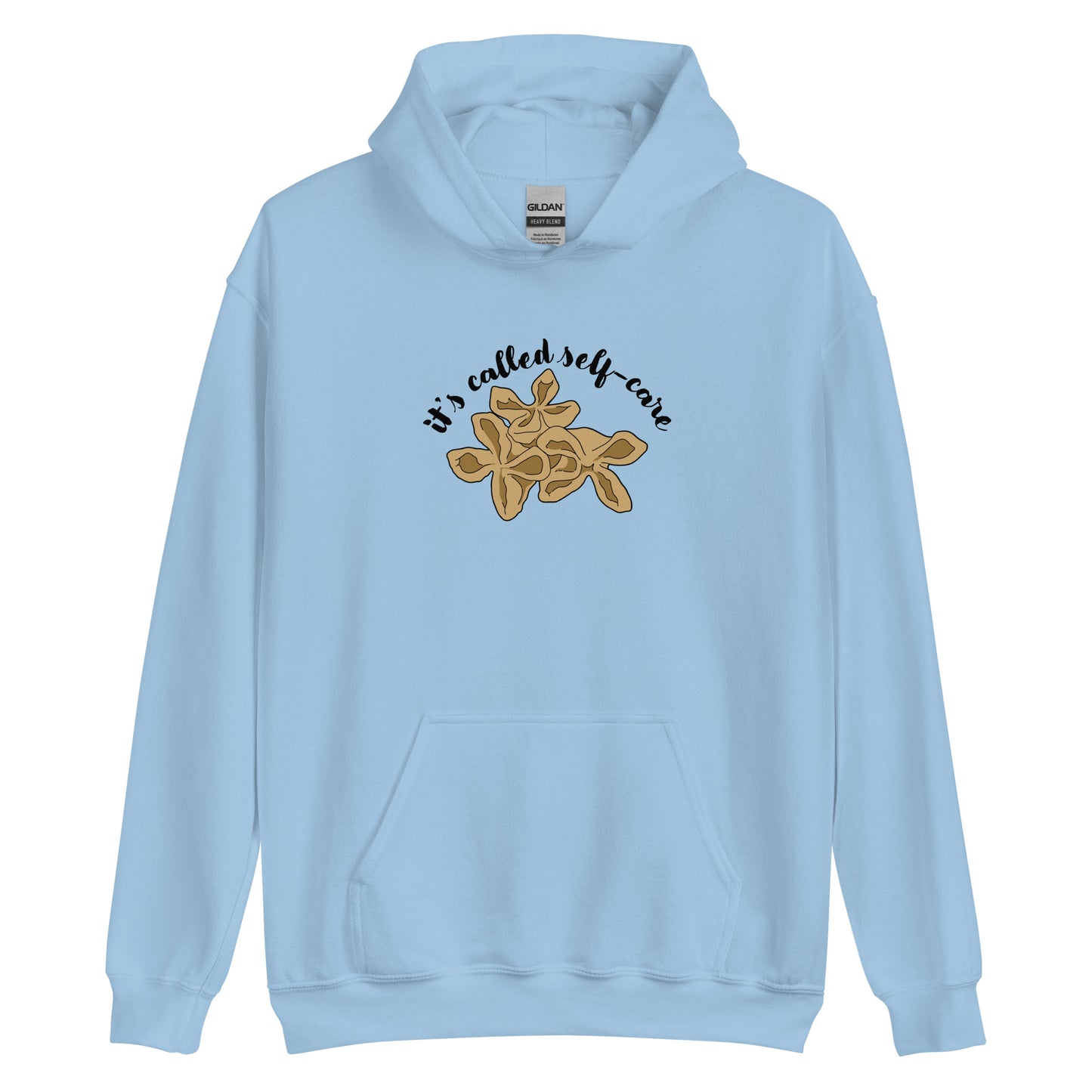A light blue hooded sweatshirt featuring an illustration of three pieces of crab rangoon. Text in an arc above the crab rangoon reads "it's called self-care" in a cursive script.