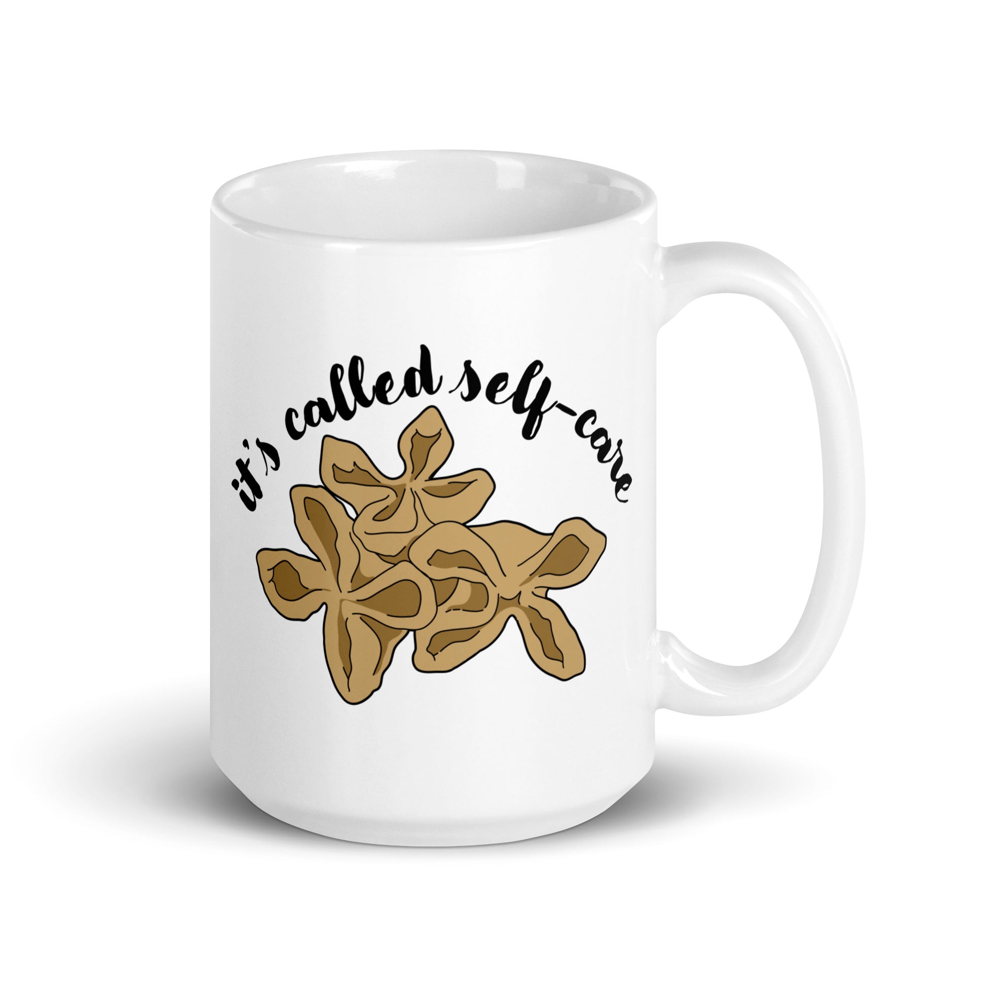 A white, 15 ounce ceramic mug featuring an illustration of three pieces of crab rangoon. Text in an arc above the crab rangoon reads "it's called self-care" in a cursive script.
