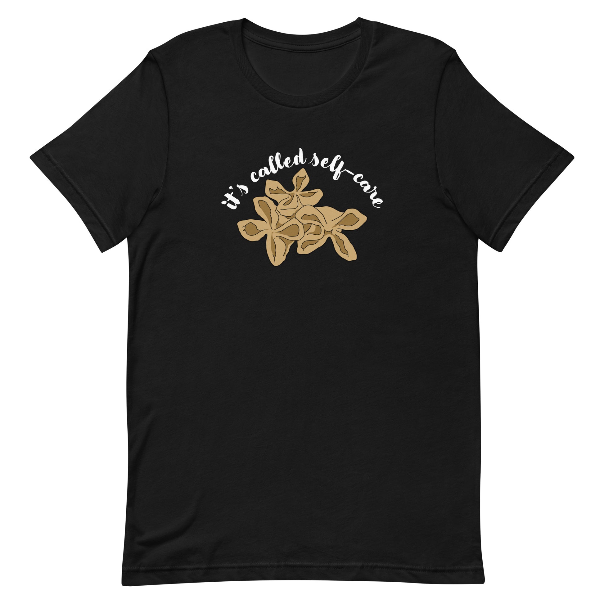 A black crewneck t-shirt featuring an illustration of three pieces of crab rangoon. Text in an arc above the crab rangoon reads "it's called self-care" in a cursive script.