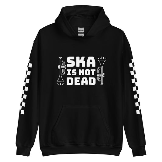 A black hooded sweatshirt with black and white checkered pattern on sleeves and text on the chest reading "Ska Is Not Dead"