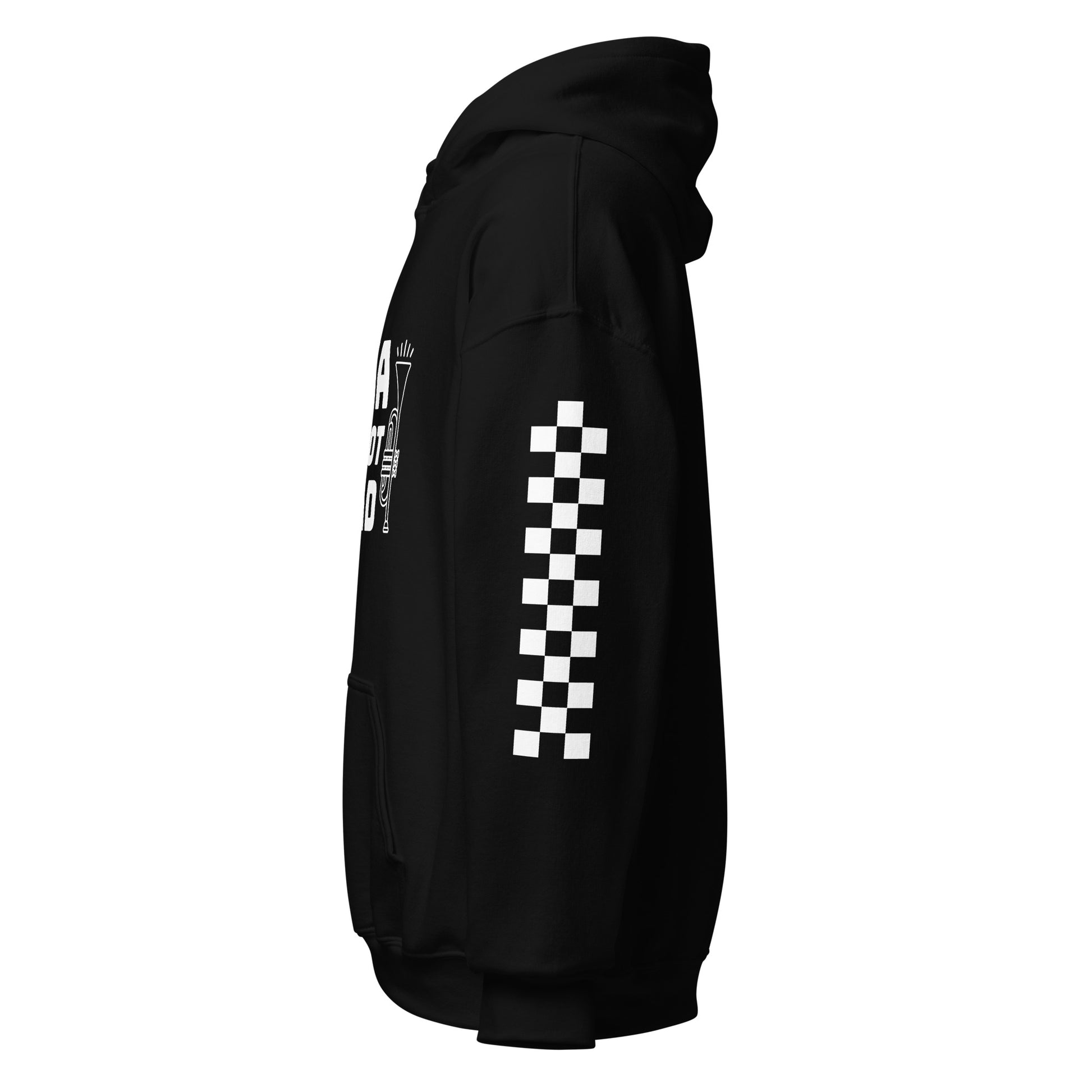 A black hooded sweatshirt facing the left. The sleeve features a panel of black and white checkered pattern.