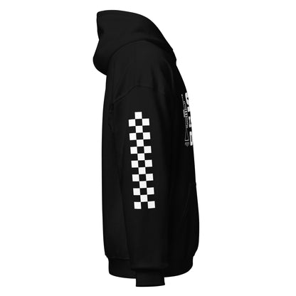 A black hooded sweatshirt facing the right. The sleeve features a panel of black and white checkered pattern.