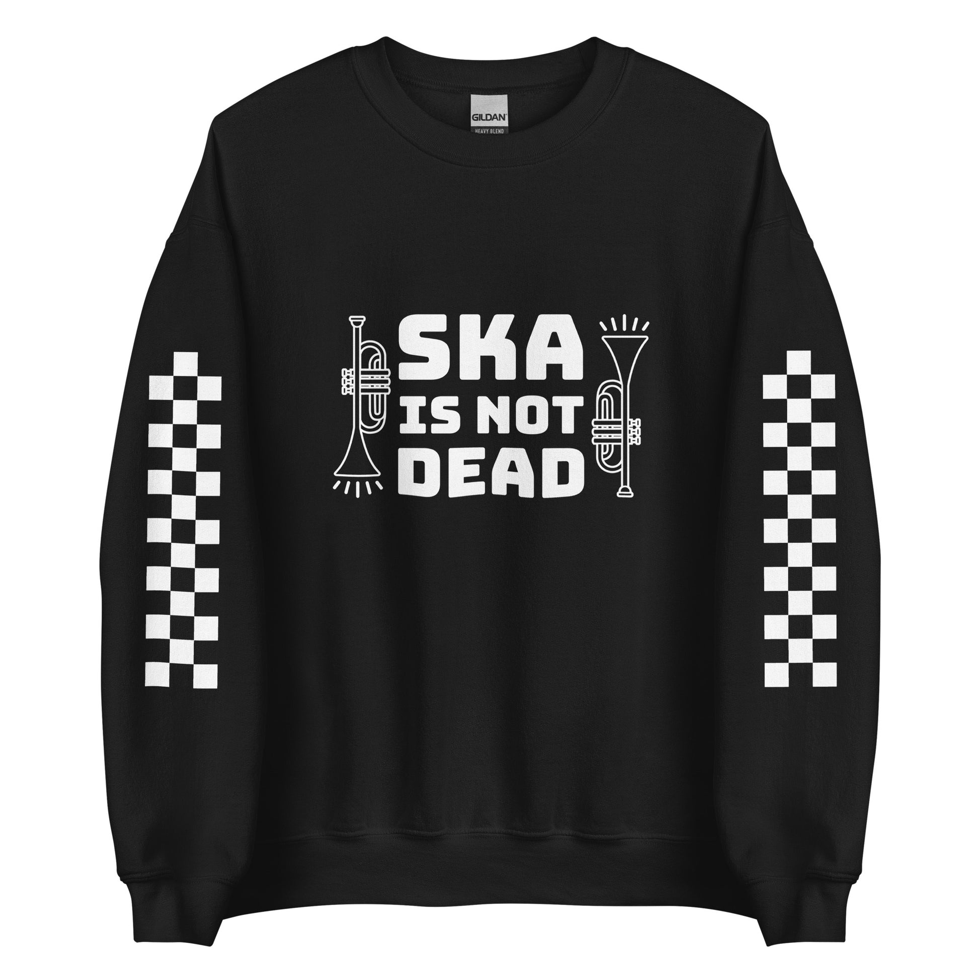 A black crewneck sweatshirt featuring an illustration of two trumpets on either side of text that reads "Ska is not dead". The sleeves feature a panel of black and white checkered pattern.