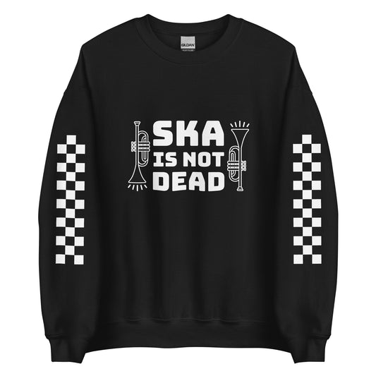 A black crewneck sweatshirt featuring an illustration of two trumpets on either side of text that reads "Ska is not dead". The sleeves feature a panel of black and white checkered pattern.