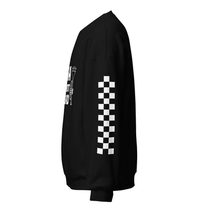 A black crewneck sweatshirt facing to the left. The sleeve features a panel of black and white checkered pattern.